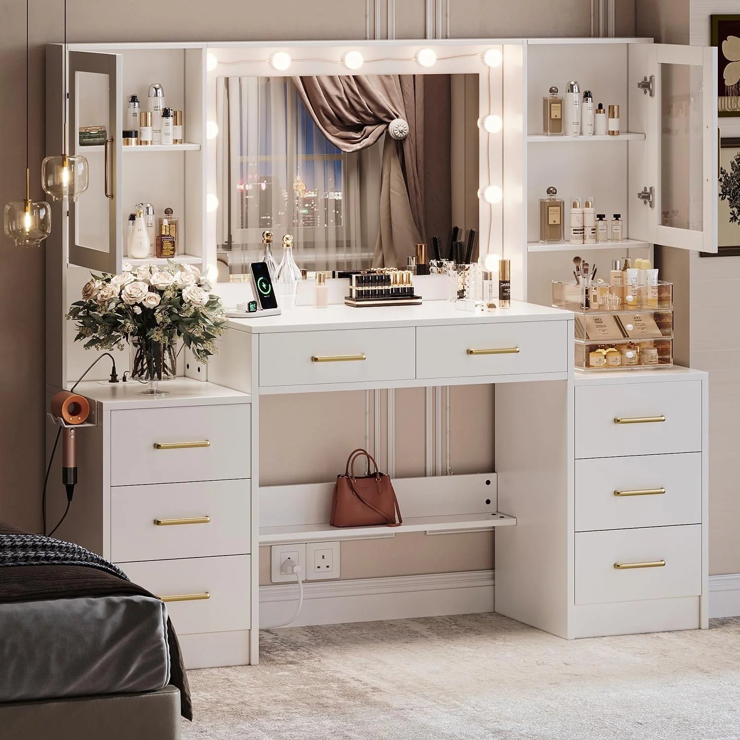 Black Vanity Desk with Mirror, Lights & Charging Station, 58.3 3 Lighting Modes