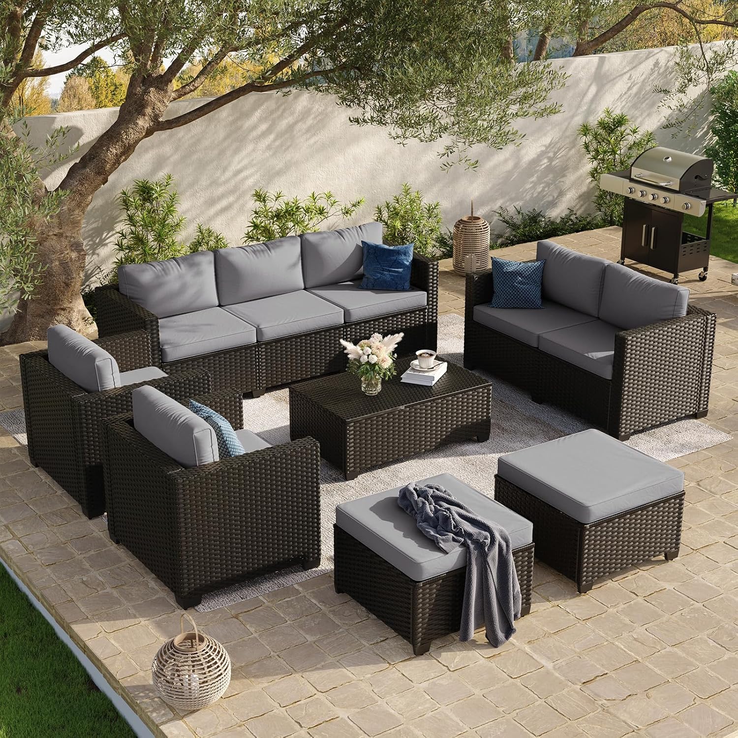 Aoxun 8 Piece Outdoor Patio Furniture Set 7 Seats, Outdoor Sectional with Thick Waterproof Cushions & Storage Coffee Table, Patio Conversation Sets for Garden,Backyard, Porch, Balcony, Deck, Beige