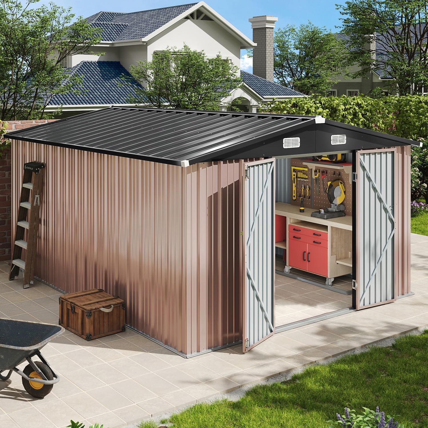 Aoxun 6.2x4 FT Shed Outdoor Storage Shed with Lockable Doors Sloping Roof Metal Garden