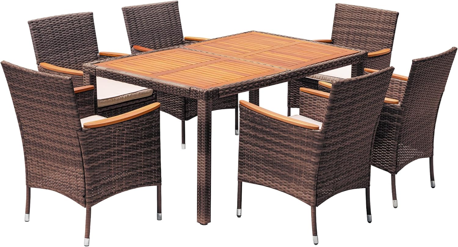 Devoko Dining 7 PCS Furniture Patio Conversation Set with Acacia Wood Table Top Rattan Outdoor