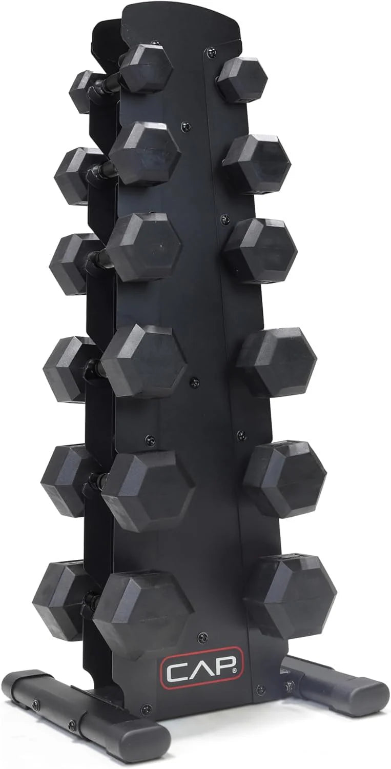 CAP Barbell Rubber Coated Dumbbell Weight Set with Vertical Rack | 100 lb, 150 lb, and 210 lb