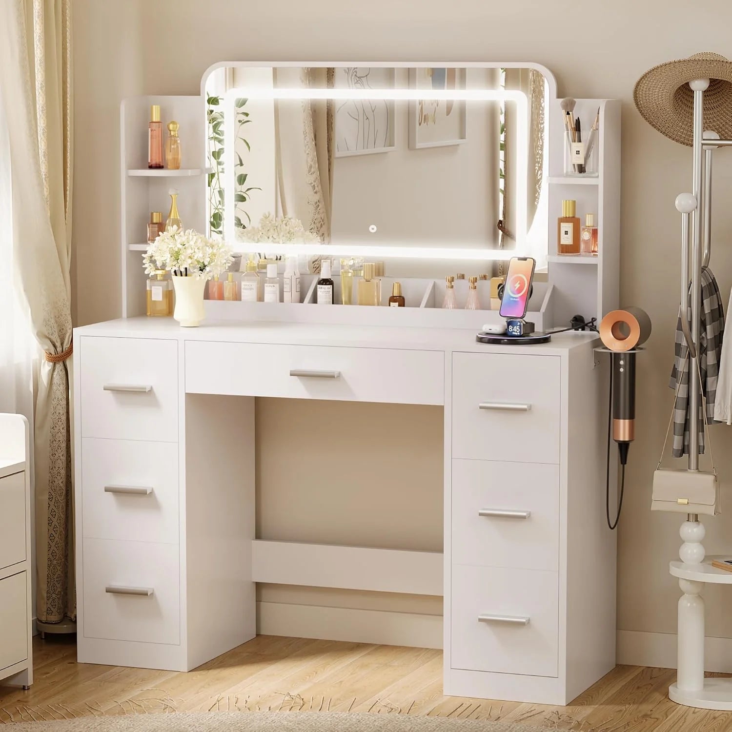 Furmax Vanity Desk with Mirror, LED Lights and Power Outlet Makeup Vanity Table
