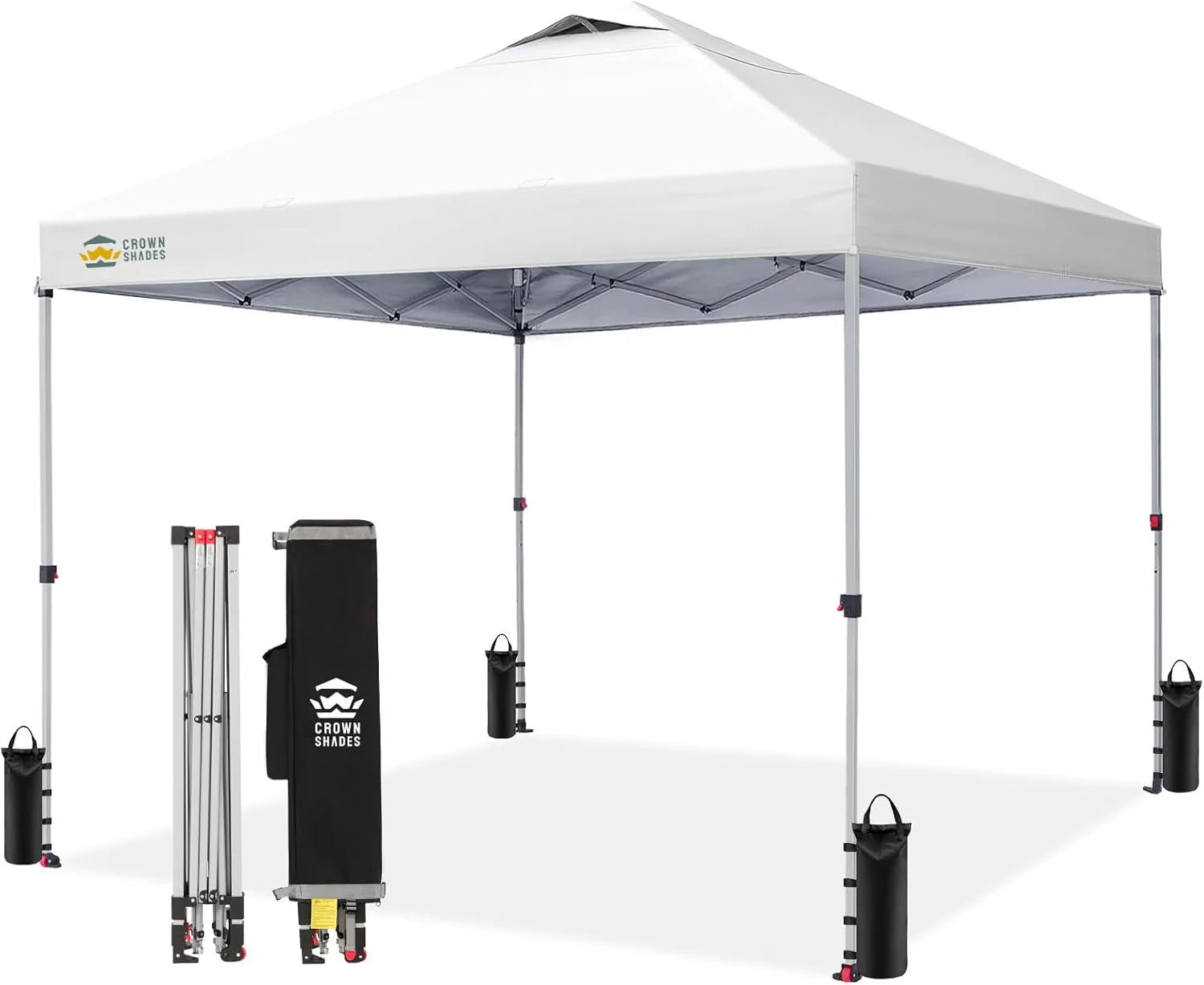 Crown Shades 10x10 Pop Up Canopy - Beach Tent with One Push Setup - Outdoor Sun Shade for Events, Parties, Camping - Gazebo with STO-N-Go Cover Bag, Silver Coated Top, 3 Height& 4 Sand Bags, Yellow