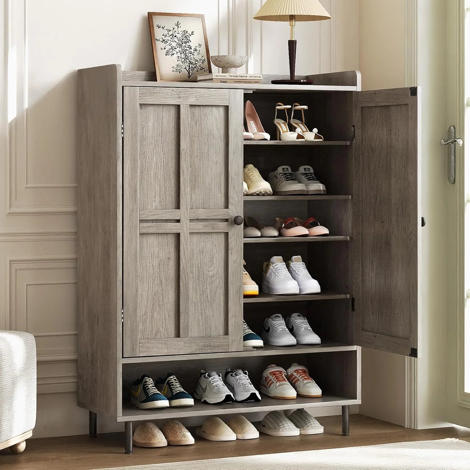 Black 7+1 Tier Farmhouse Shoe Storage Cabinet - 45 Tall Entryway Organizer