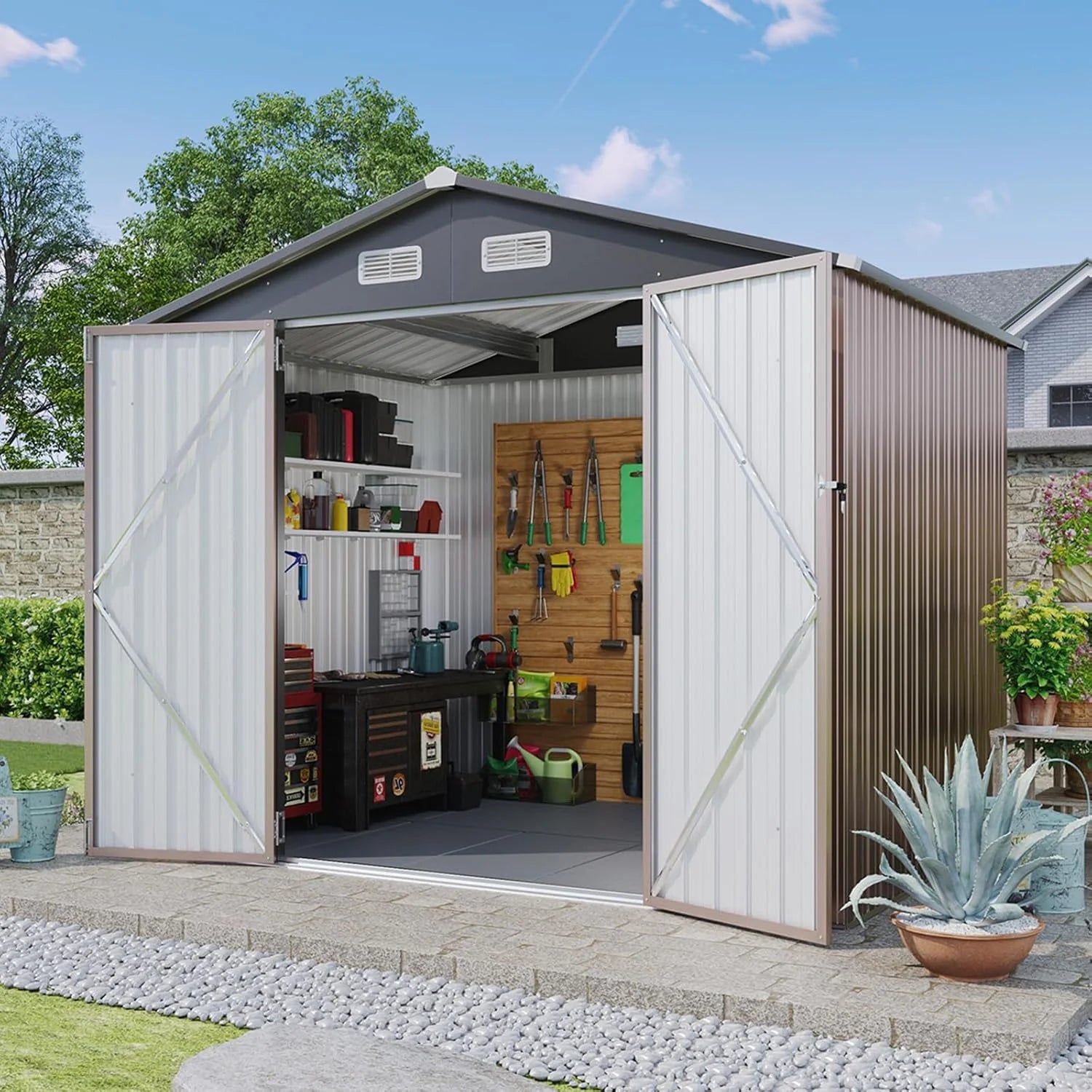 Aoxun 6.2x4 FT Shed Outdoor Storage Shed Metal Garden Shed Slooping Roof Tool Shed Bike Shed