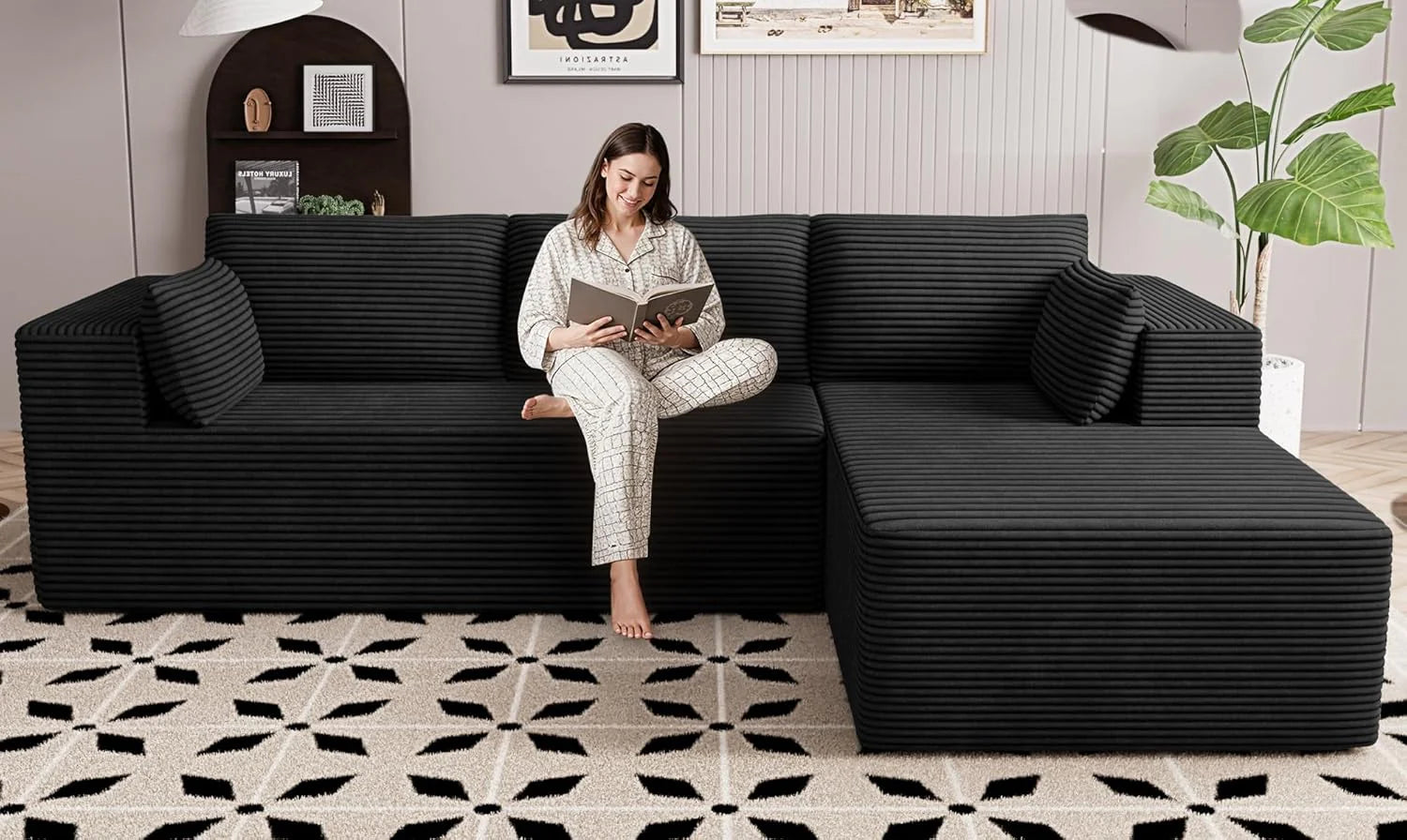 Cloud Sectional Boneless Couches for Living Room, Modular L Shaped Couch with Deep Seat Oversized Right Facing Chaise, Memory Foam Compressed Spineless 3 Seater Sofa for Apartment, Black | No Assembly Required, Deep Seat, Cat-Claw Resistant, High-Res
