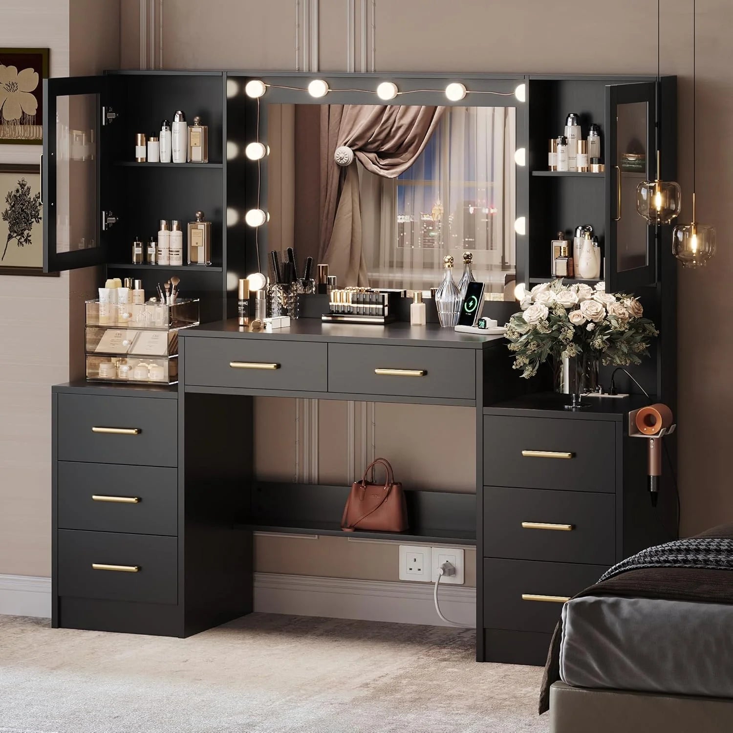 Black Vanity Desk with Mirror, Lights & Charging Station, 58.3 3 Lighting Modes