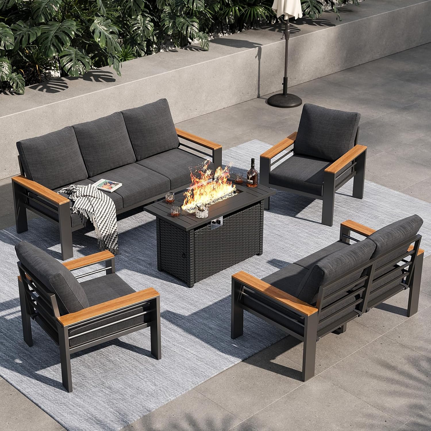 Aoxun Aluminum Outdoor Patio Furniture Set, 5 Seats Outdoor Sectional with Coffee Table, Patio Conversation Sets with Upgraded Armrests and Cushions for Backyard, Garden and Poolside