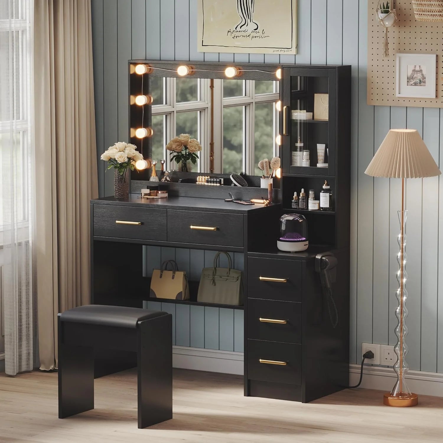 Black Vanity Desk with Mirror, Lights & Charging Station, 58.3 3 Lighting Modes