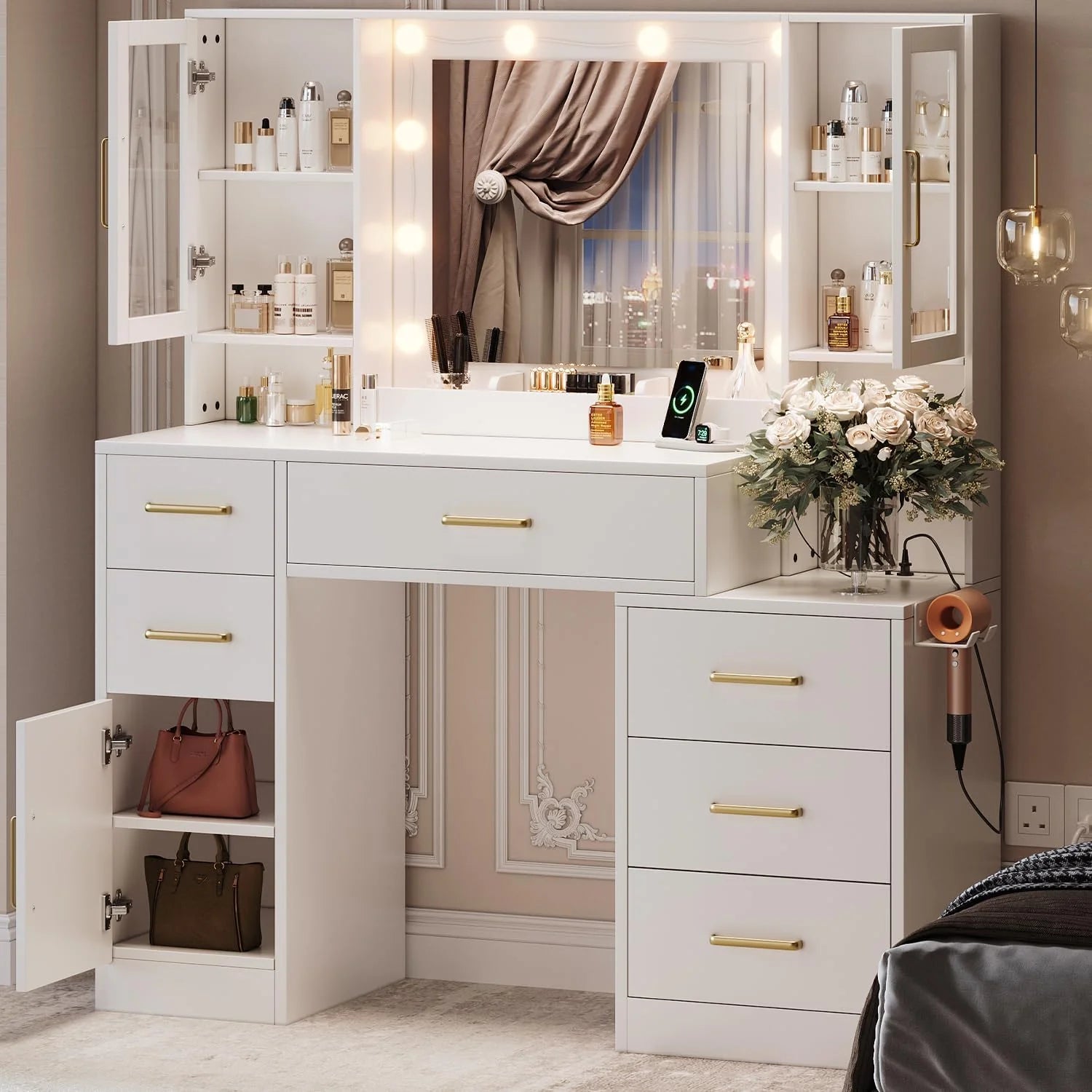 Black Vanity Desk with Mirror, Lights & Charging Station, 58.3 3 Lighting Modes