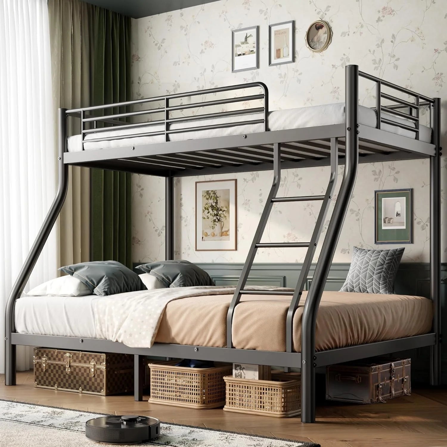 Cyranture Bunk Beds Twin Over Full Size Heavy Duty Bunk Beds Guardrail Metal Bunk Bed Frame