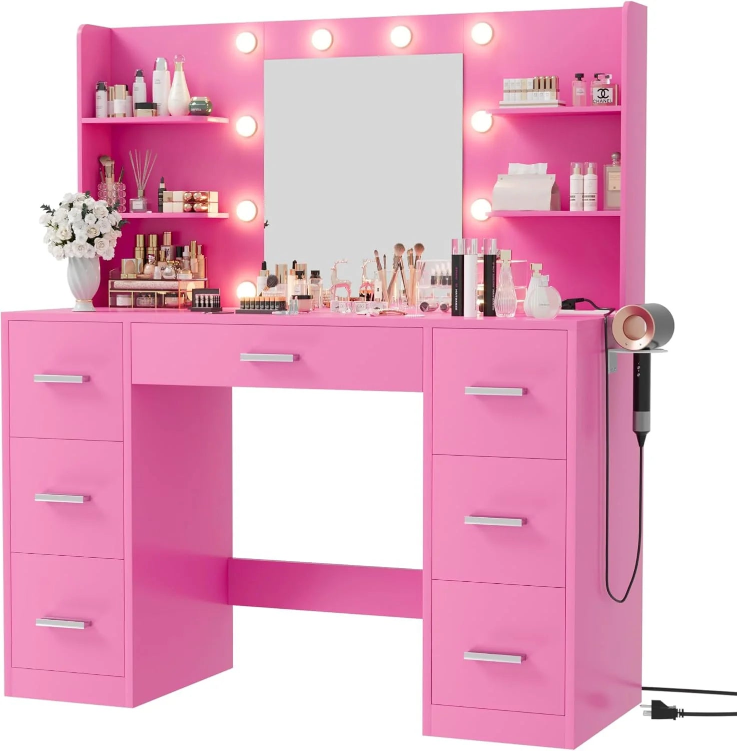 Furmax Vanity Desk with Mirror, LED Lights and Power Outlet Makeup Vanity Table