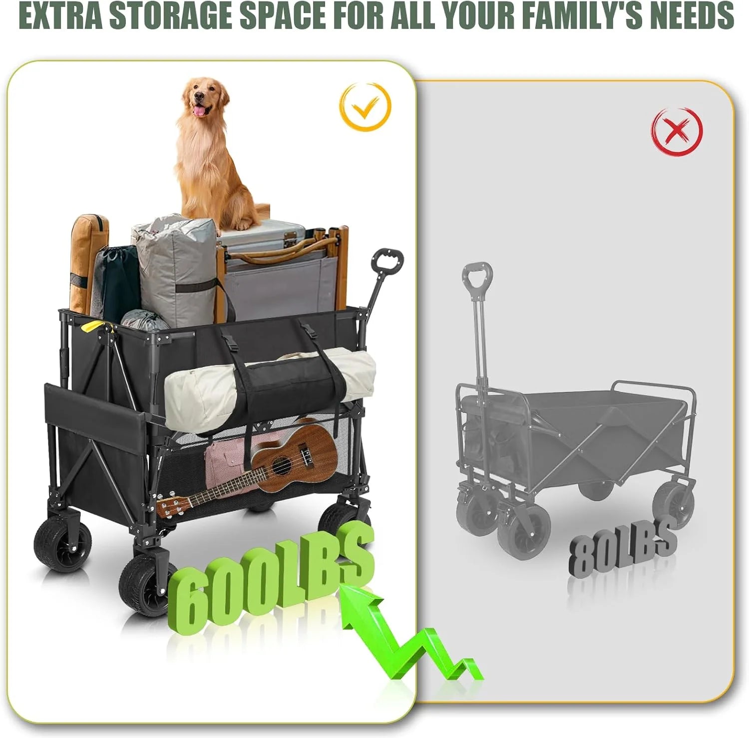 Double Decker Wagon Heavy Duty Collapsible, 600LBS 400L Capacity Foldable Utility Cart with Big Wheels