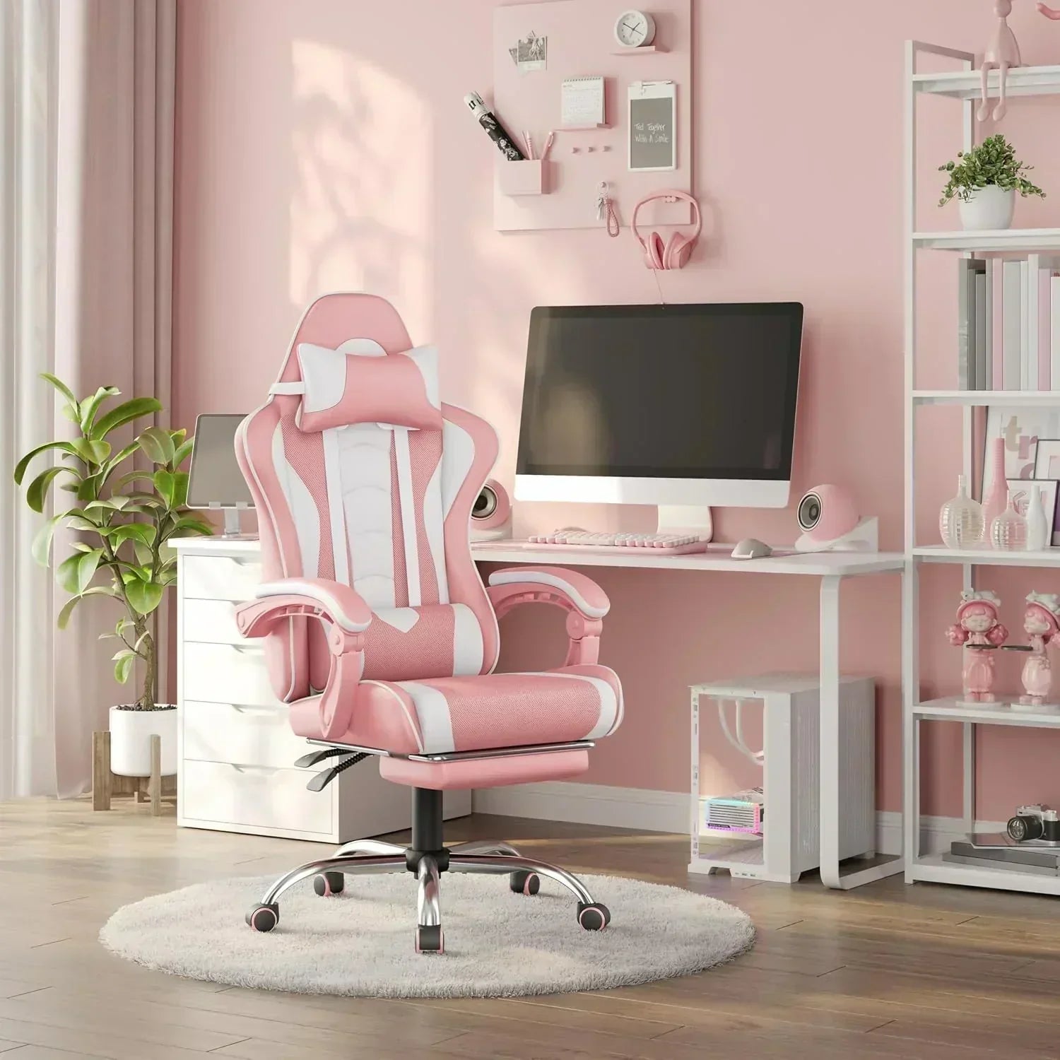 Gaming Chair with Massage Lumbar Support and Footrest Height Office Gaming Chair