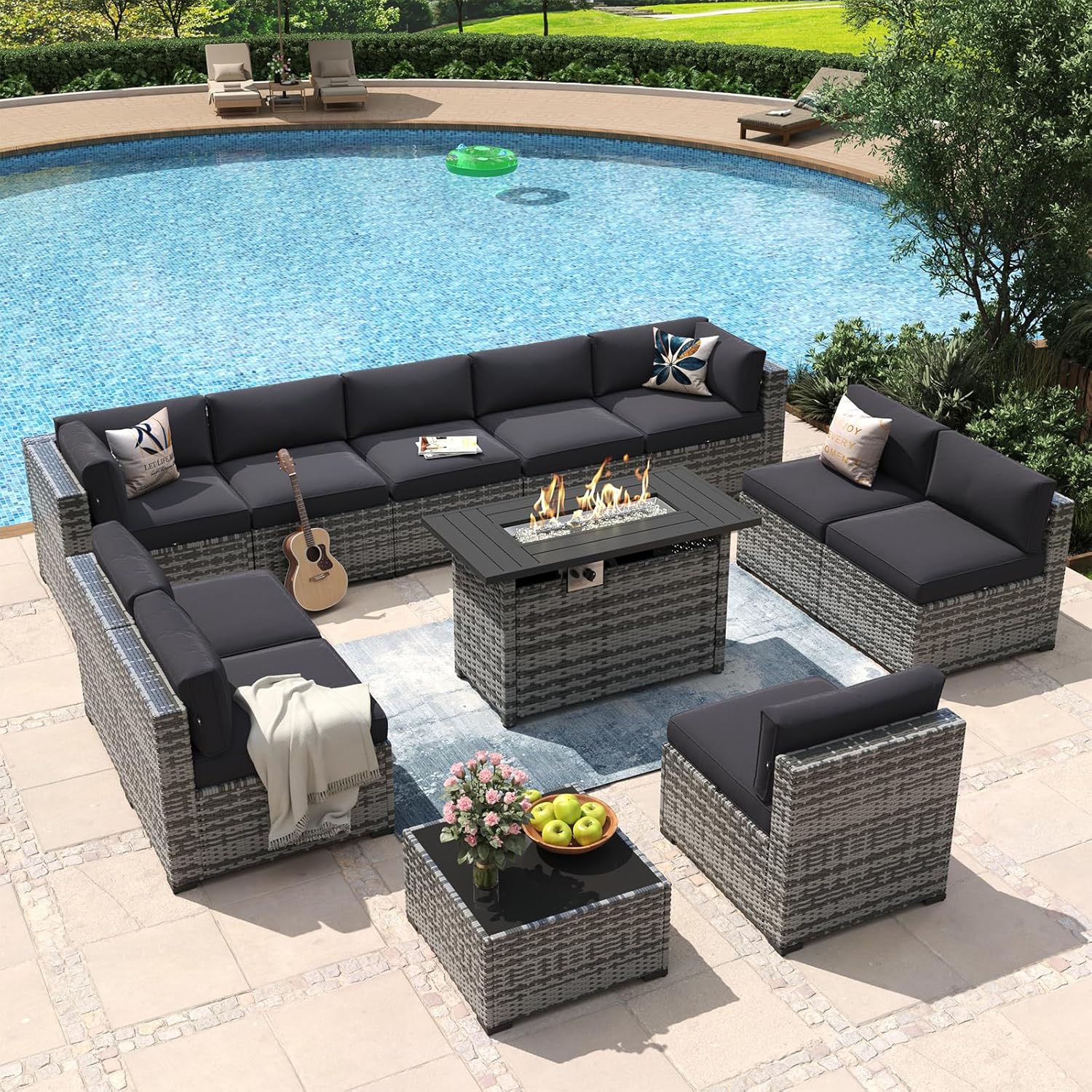 Aoxun 8 Piece Patio Furniture Set with 44?Fire Pit Table Wicker Rattan Outdoor Sectional Sofa Set with Coffee Table and Thickened Cushions, Beige (Waterproof Cover Included)