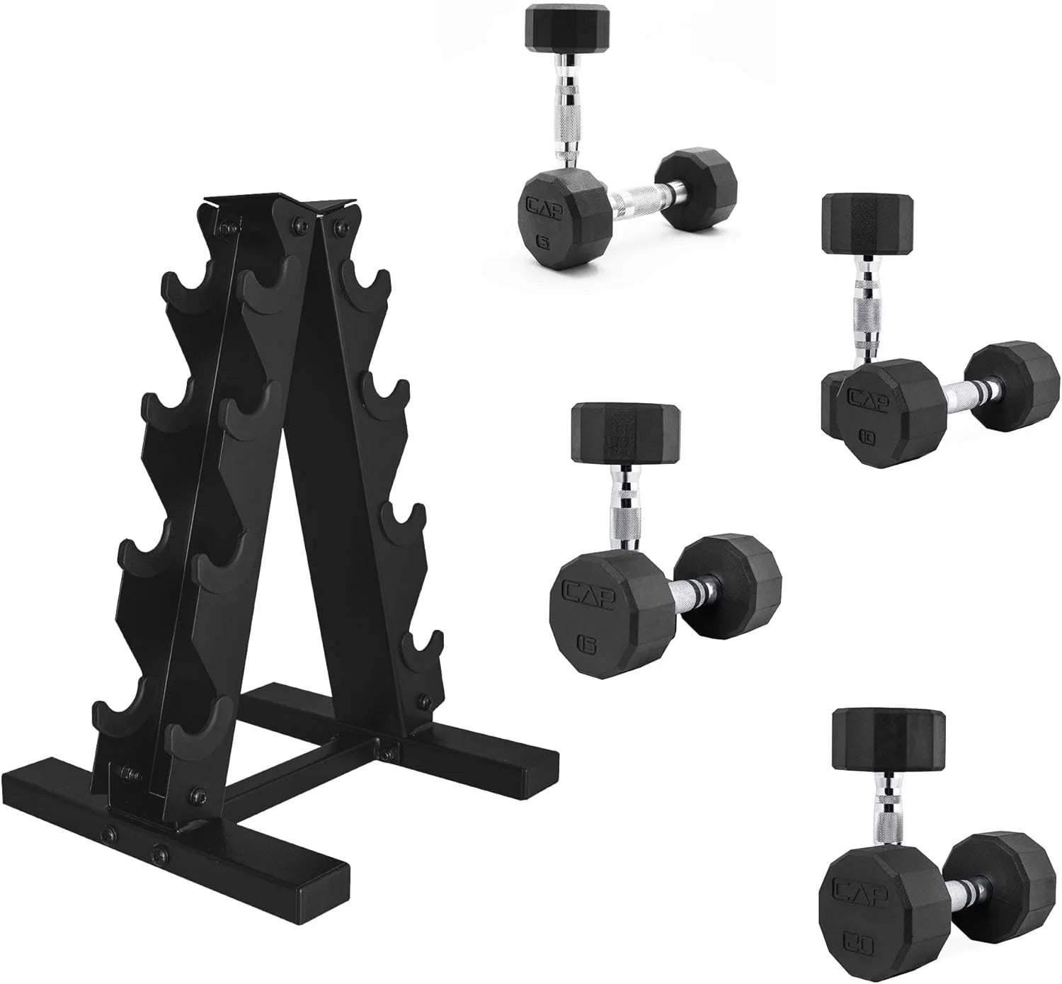 CAP Barbell Rubber Coated Dumbbell Weight Set with Vertical Rack | 100 lb, 150 lb, and 210 lb