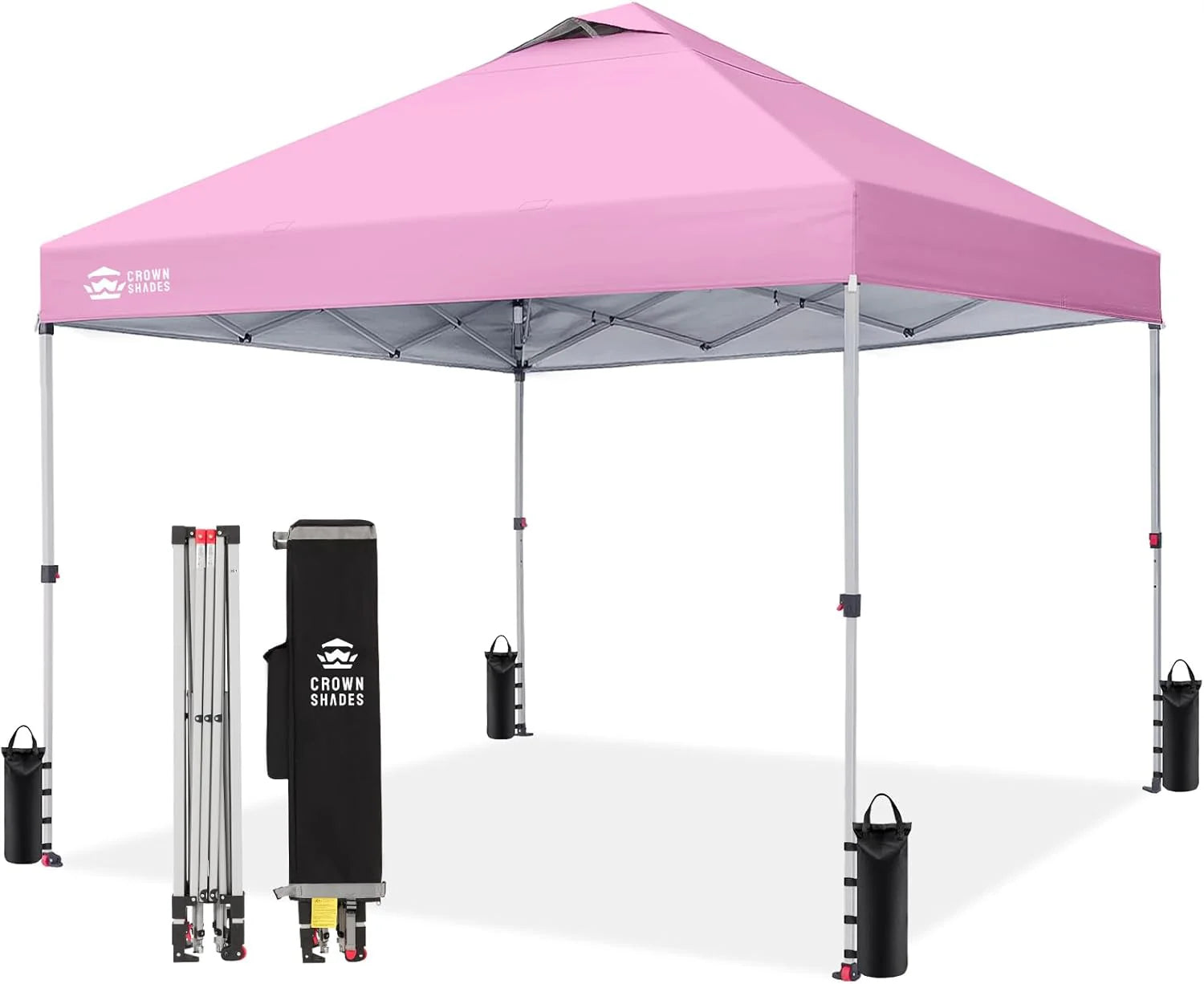 Crown Shades 10x10 Pop Up Canopy - Beach Tent with One Push Setup - Outdoor Sun Shade for Events, Parties, Camping - Gazebo with STO-N-Go Cover Bag, Silver Coated Top, 3 Height& 4 Sand Bags, Yellow