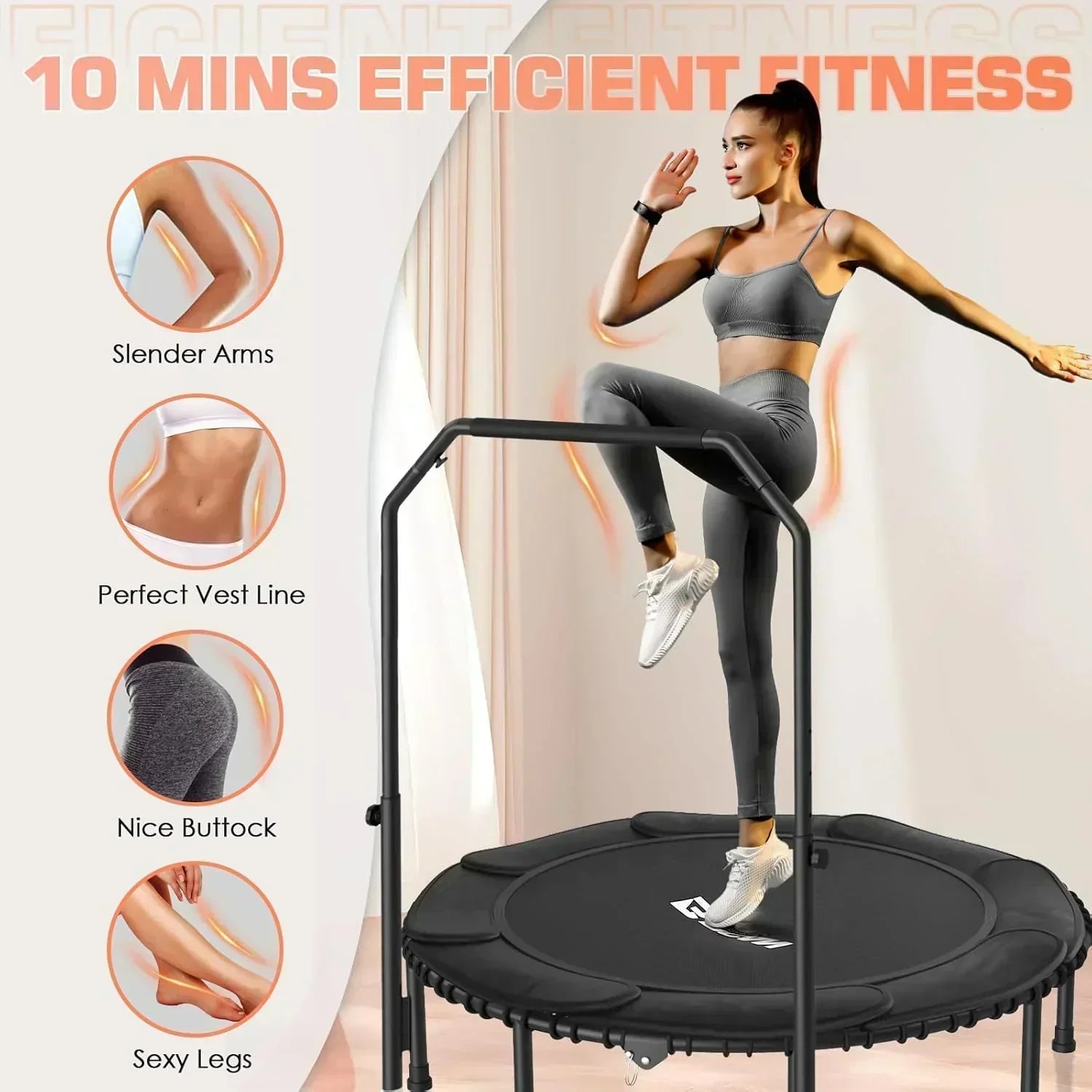 BCAN 450/550 LBS Foldable Mini Trampoline Fitness Trampoline Bungees Adjustable Foam Handle