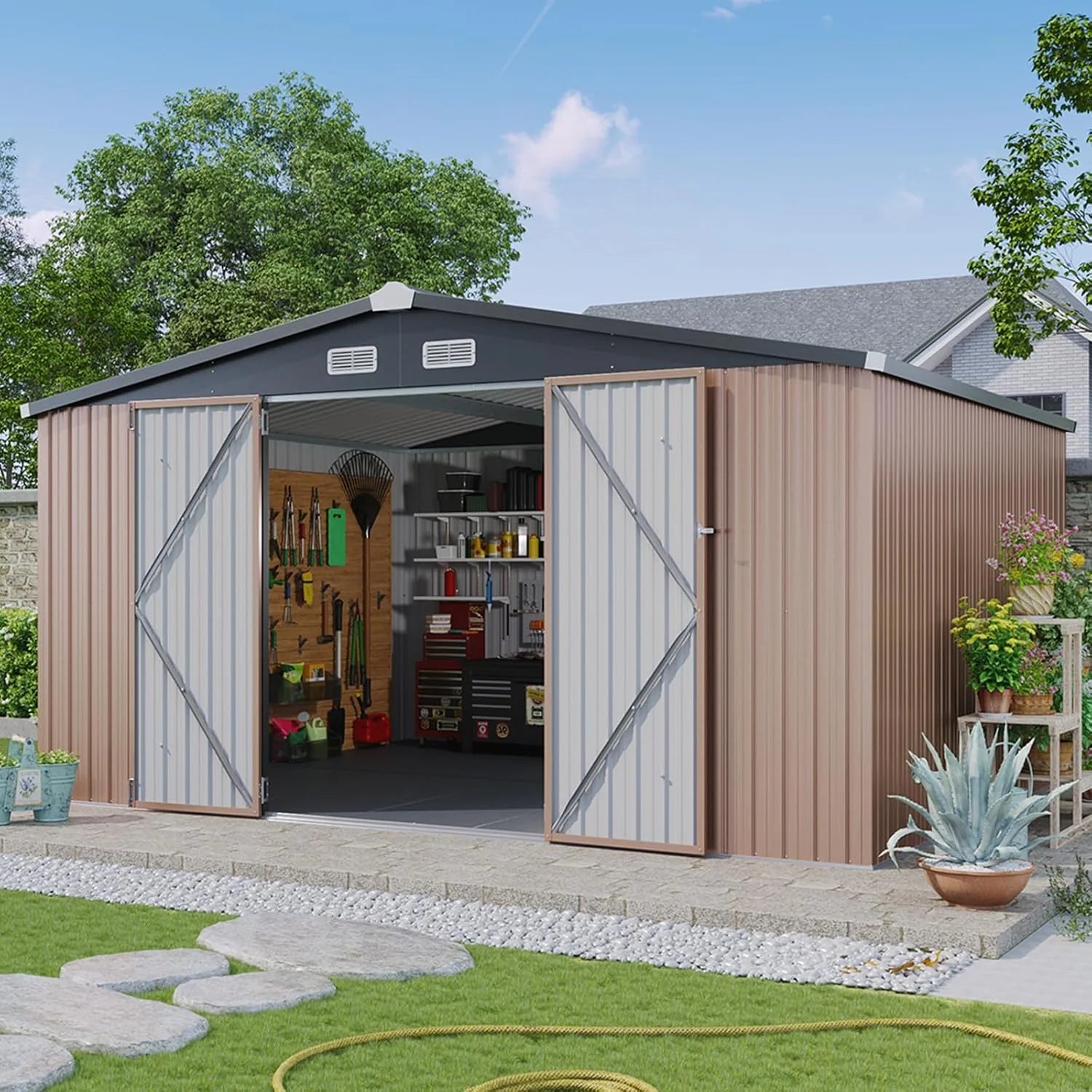 Aoxun 12x10 FT Shed Metal Outdoor Waterproof Storage Shed Steel Utility Garden Tool Shed with Door & Lock Outdoor Storage for Garden Patio Lawn Poolside, Brown