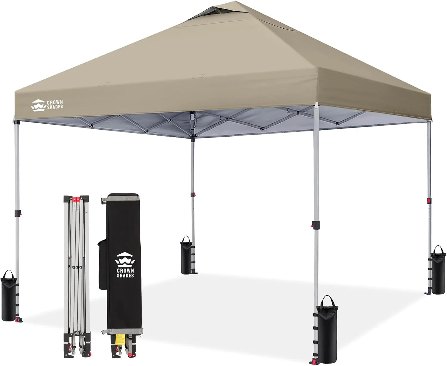 Crown Shades 10x10 Pop Up Canopy - Beach Tent with One Push Setup - Outdoor Sun Shade for Events, Parties, Camping - Gazebo with STO-N-Go Cover Bag, Silver Coated Top, 3 Height& 4 Sand Bags, Yellow