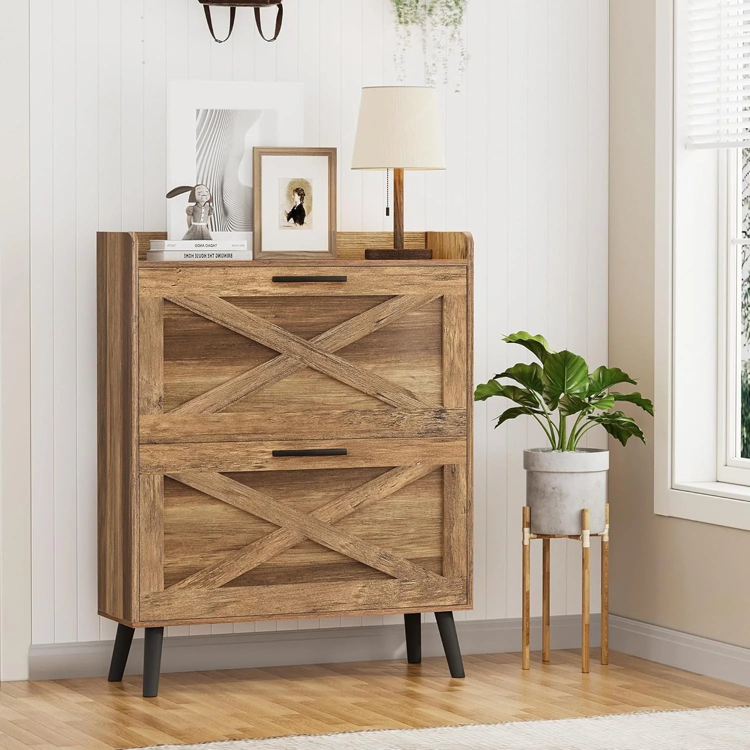 32 wide farmhouse shoe cabinet with 2 flip-top drawers and barn door design, adjustable shelves
