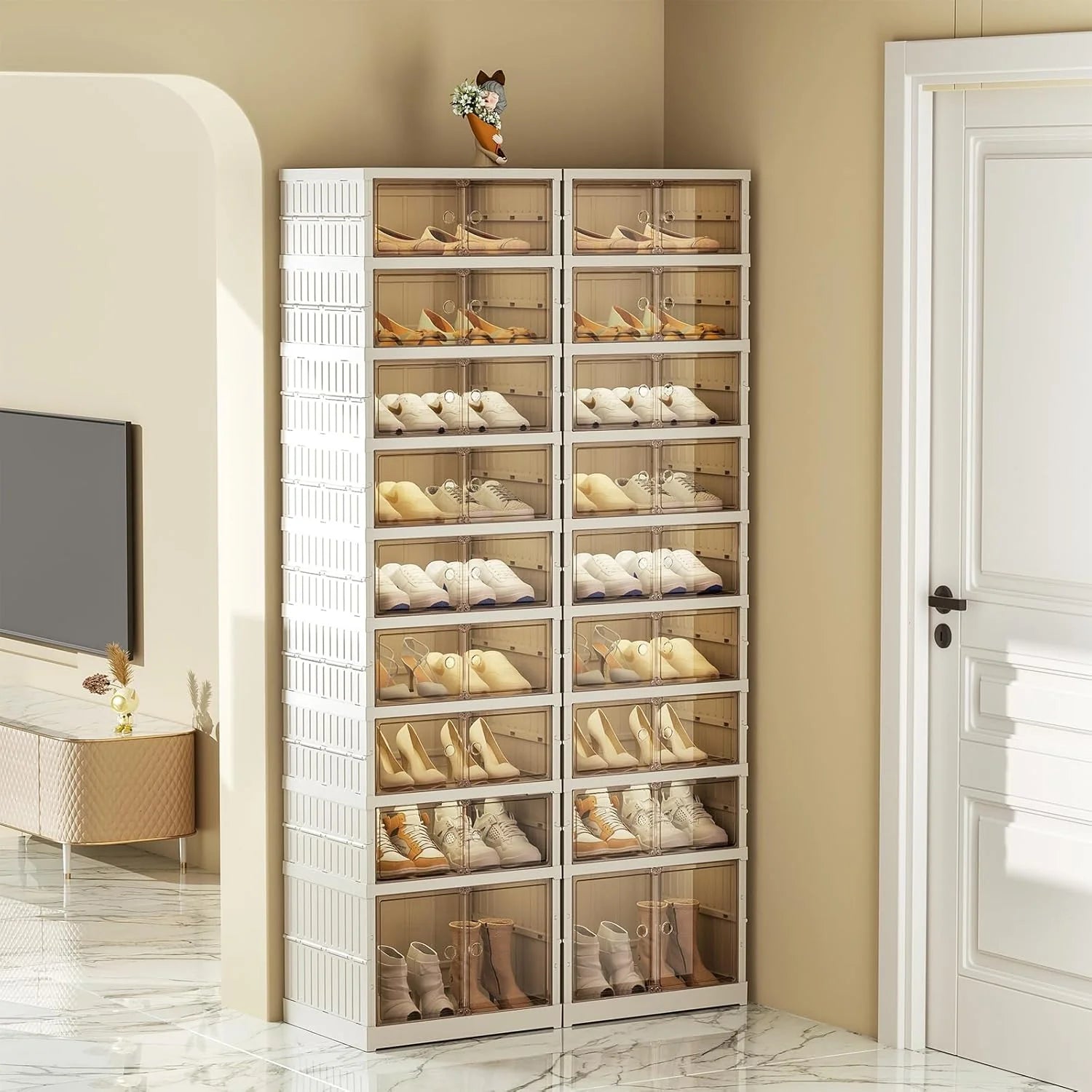 Foldable Shoe Rack Storage Rack 9-Tier - 36 Double Foldable Shoe Cabinet with Doors