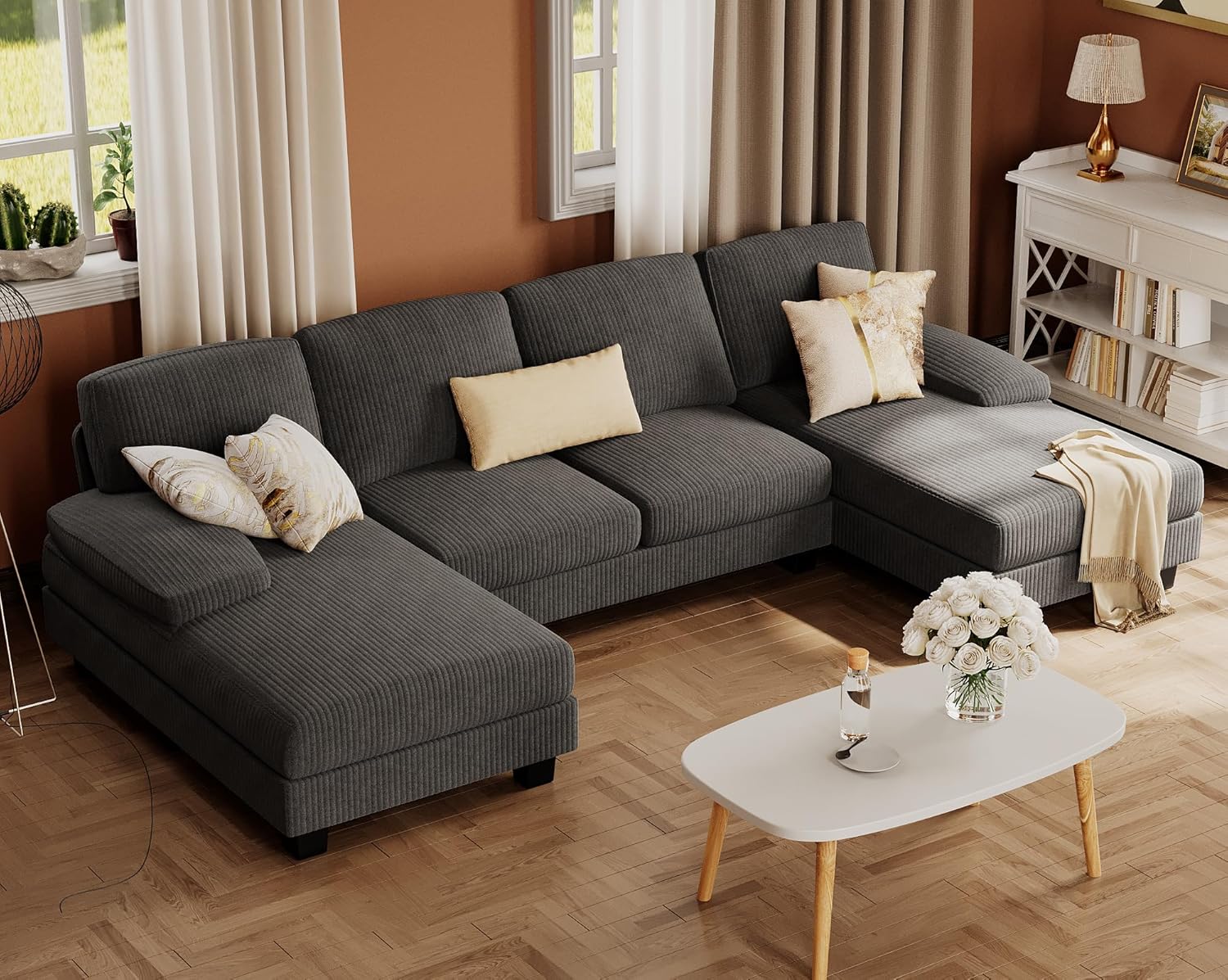 Furmax Sectional Couches for Living Room U-Shaped Sofa Couch Linen Fabric 4 Seat Sofa Set