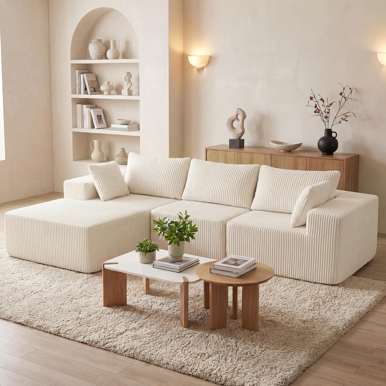 DUMOS 108 Boneless Couch, Cloud Sectional Couch with L-Shape Chaise, Modular Sectional Sofa with Deep Seat, Upholstered Couch for Living Room Bedroom, No Assembly Required (Beige, Left Facing Chaise)