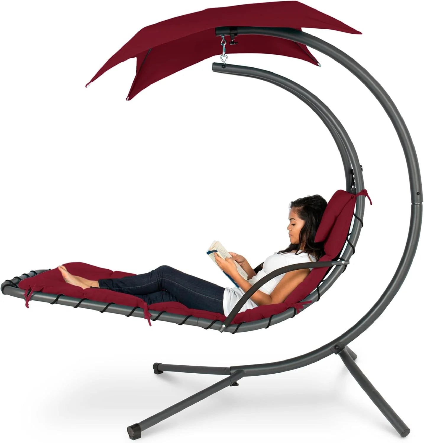 Best Choice Products Outdoor Hanging Curved Steel Chaise Lounge Chair Swing w/Built-in Pillow and Removable Canopy - Teal
