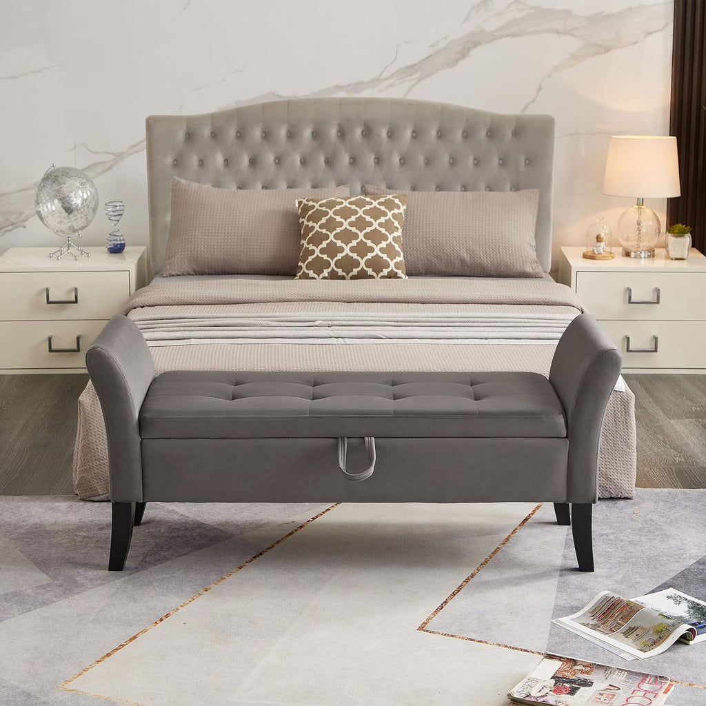 Furniliving Modern Storage Ottoman Bench, Sherpa Ottoman End of Bed Bench with Solid Wood Legs Upholstered Ottoman Benches with Storage Indoor Bench
