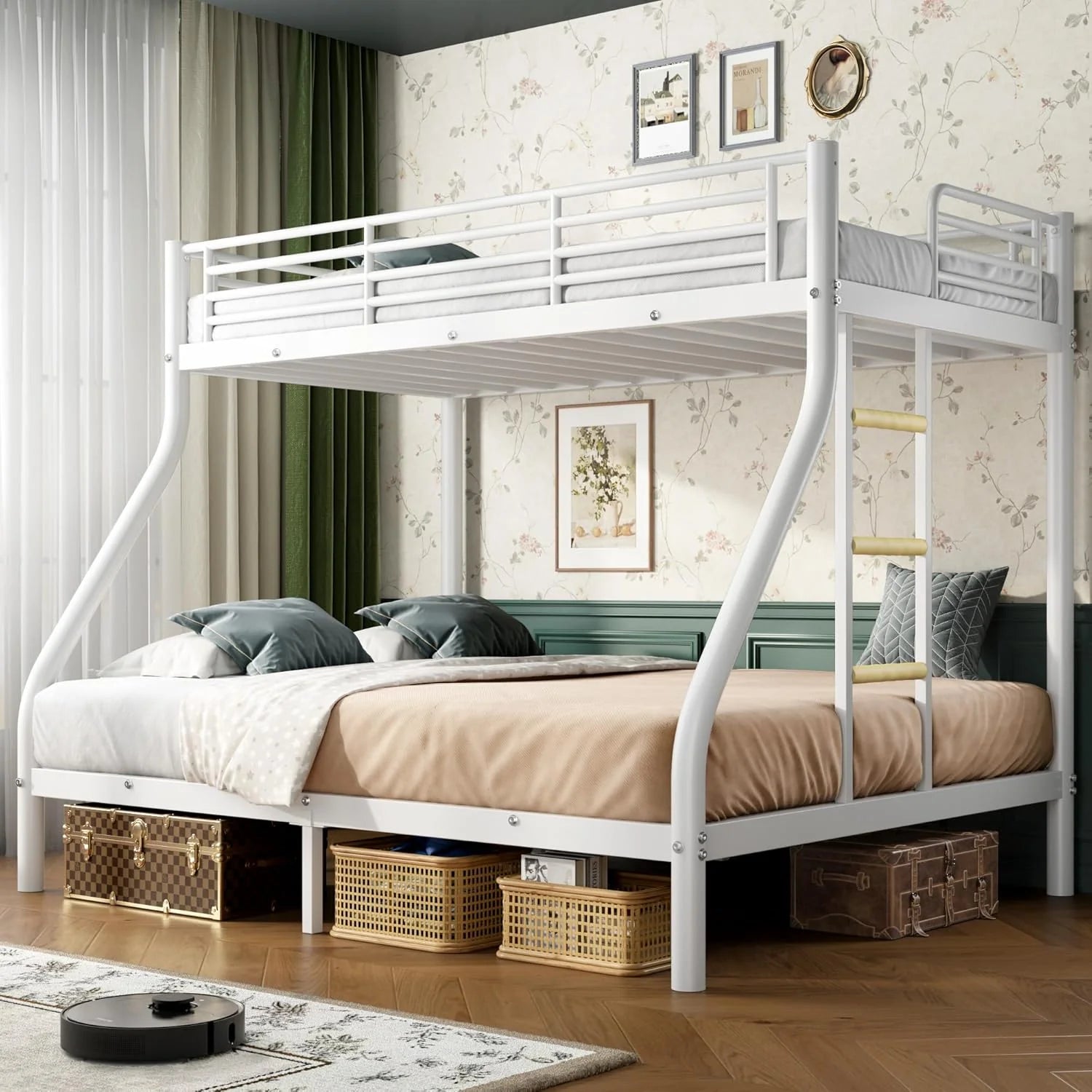 Cyranture Bunk Beds Twin Over Full Size Heavy Duty Bunk Beds Guardrail Metal Bunk Bed Frame