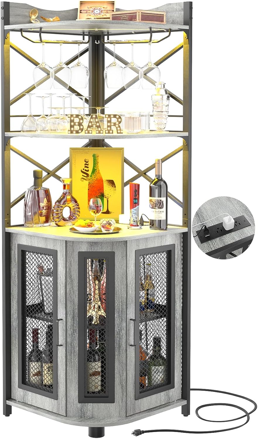 Corner bar cabinet with power socket industrial style wine cabinet light strip and glass rack