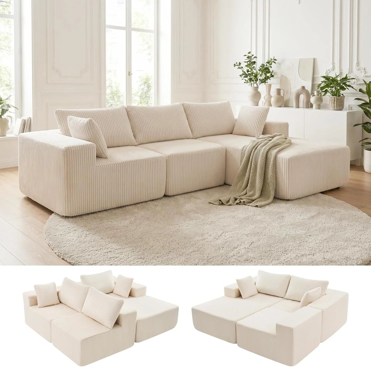 DUMOS 108 Boneless Couch, Cloud Sectional Couch with L-Shape Chaise, Modular Sectional Sofa with Deep Seat, Upholstered Couch for Living Room Bedroom, No Assembly Required (Beige, Left Facing Chaise)
