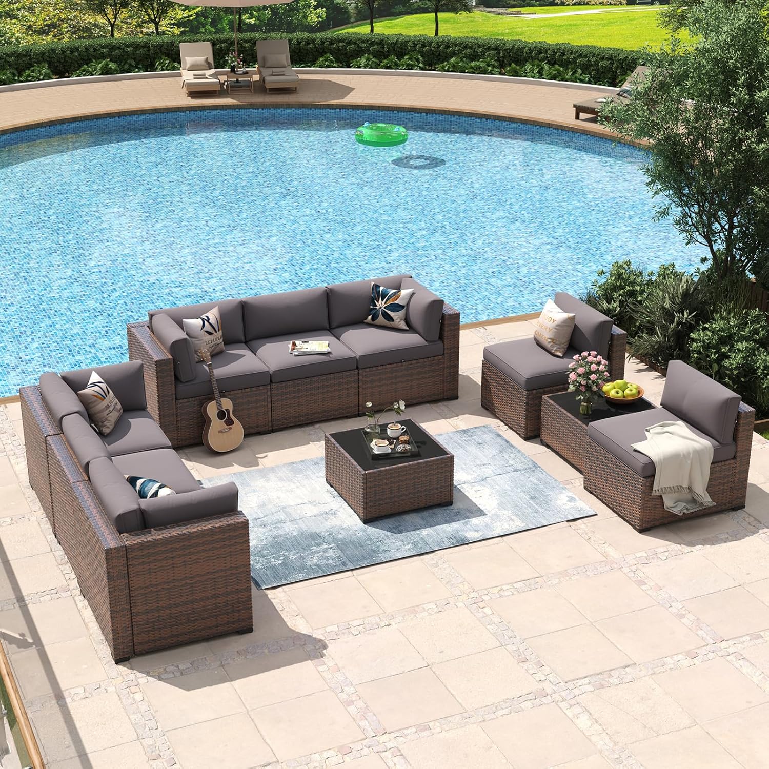 Aoxun 8 Piece Patio Furniture Set with 44?Fire Pit Table Wicker Rattan Outdoor Sectional Sofa Set with Coffee Table and Thickened Cushions, Beige (Waterproof Cover Included)
