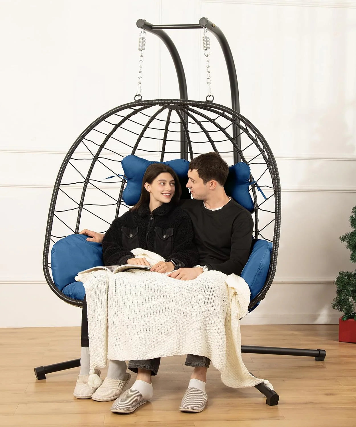 Double Egg Chair Hammock Swing Chair Foldable Hanging Loveseat UV Resistant Cushions