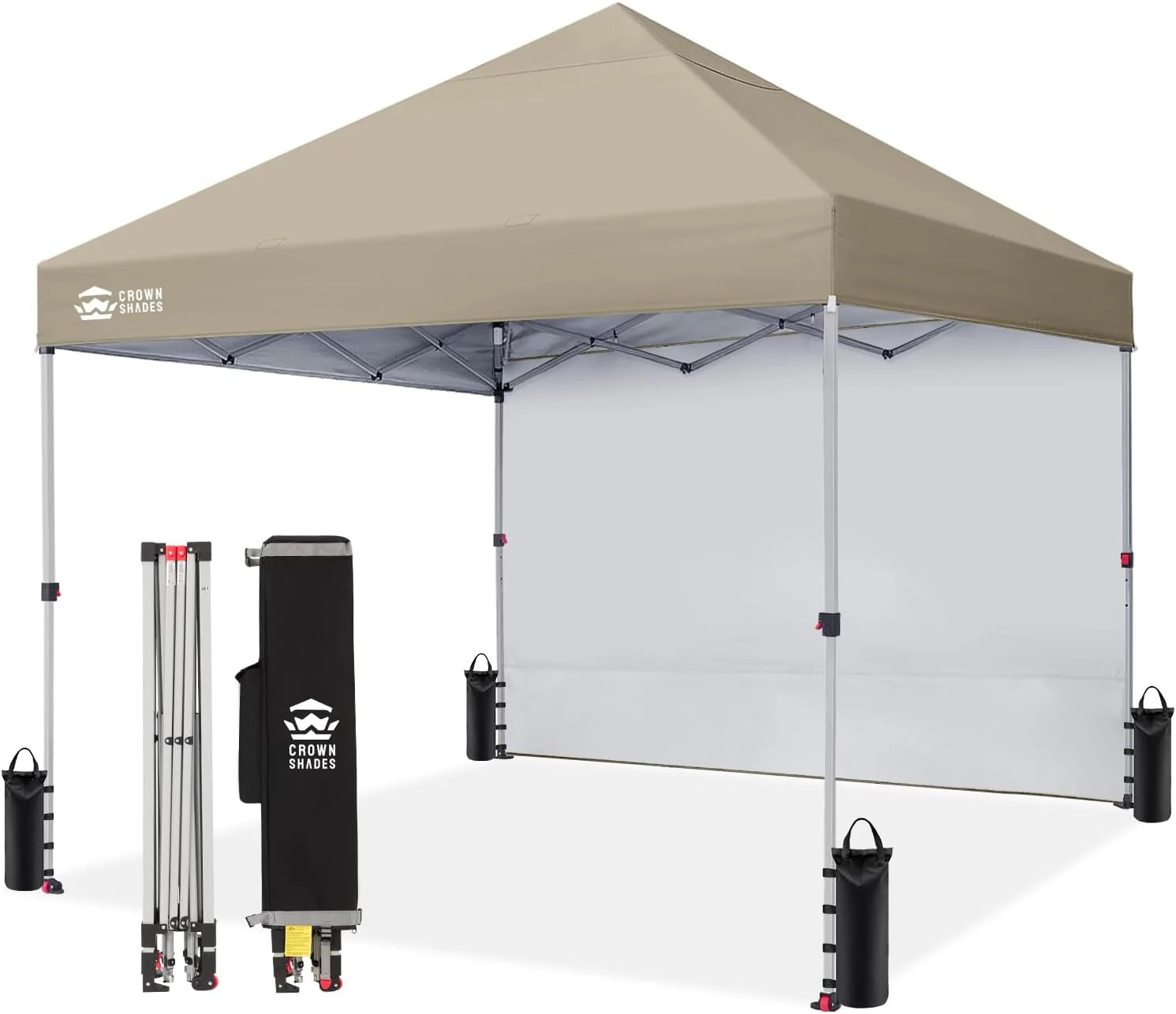 CROWN SHADES 10x10 Pop Up Canopy with 1 Side Wall - Beach Tent with One Push Setup - Outdoor Sun Shade for Events, Parties, Camping - Gazebo with STO-N-Go Cover Bag (White)