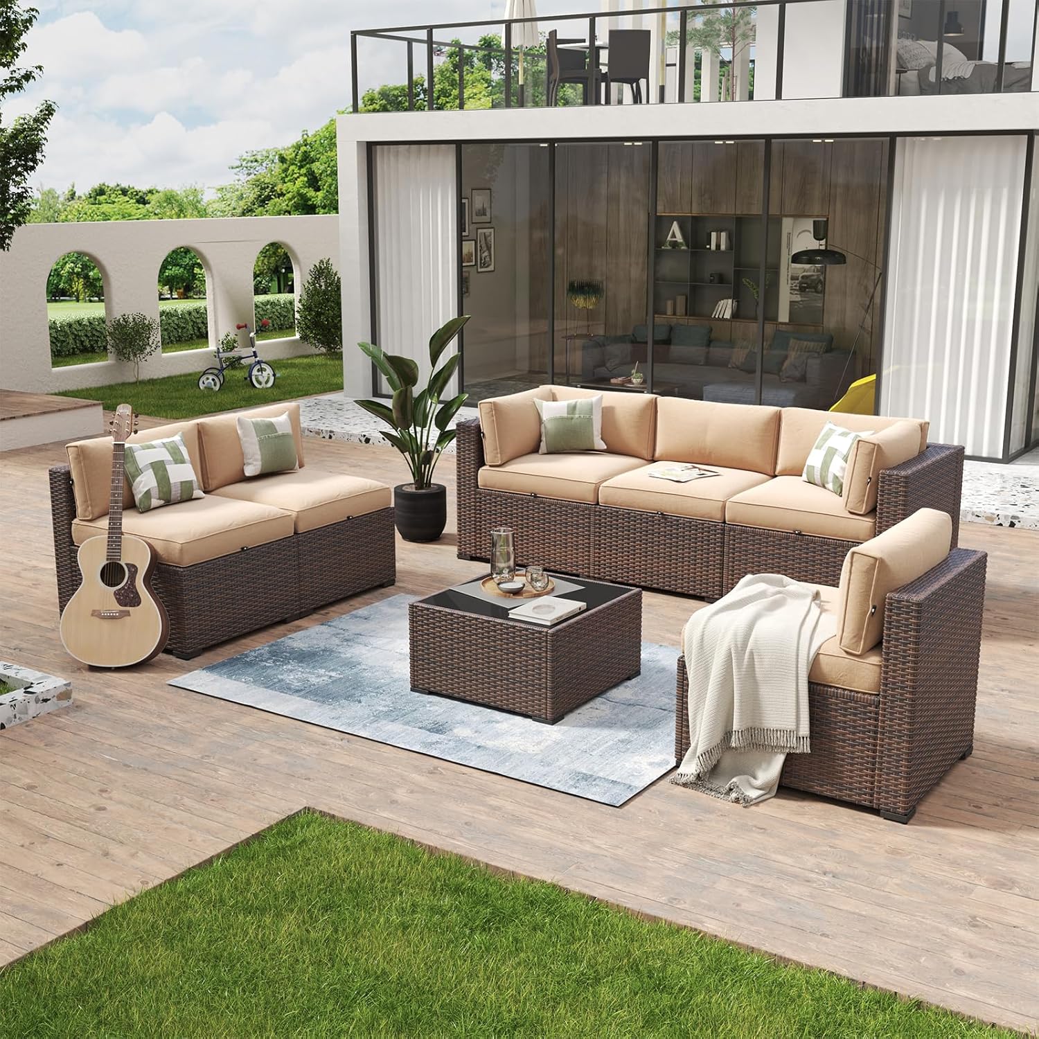 Aoxun 8 Piece Patio Furniture Set with 44?Fire Pit Table Wicker Rattan Outdoor Sectional Sofa Set with Coffee Table and Thickened Cushions, Beige (Waterproof Cover Included)