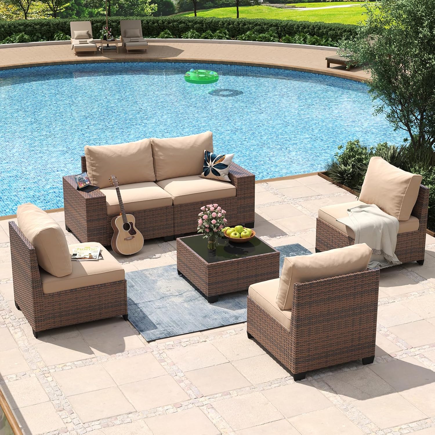 Aoxun 8 Piece Patio Furniture Set with 44?Fire Pit Table Wicker Rattan Outdoor Sectional Sofa Set with Coffee Table and Thickened Cushions, Beige (Waterproof Cover Included)