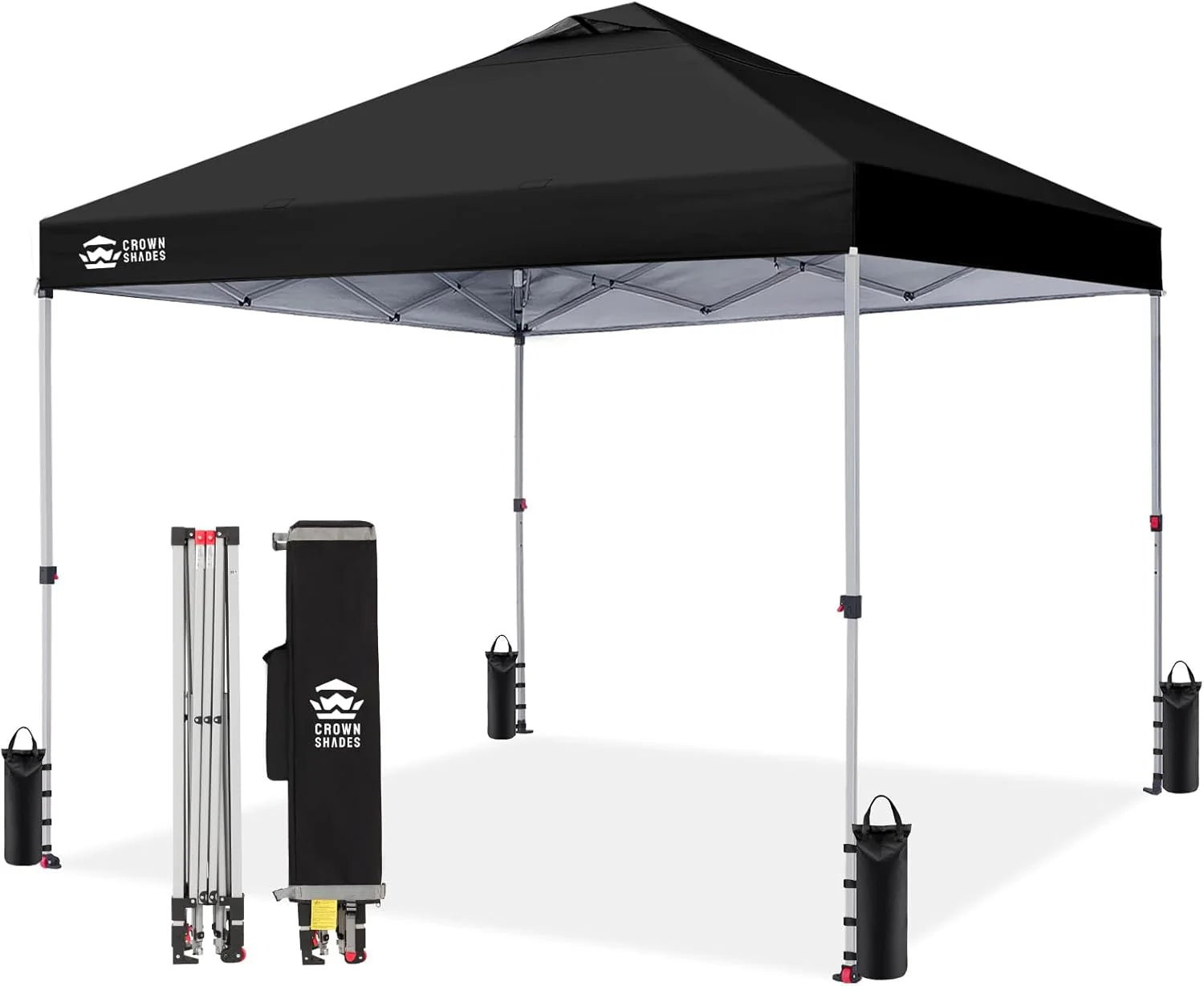 Crown Shades 10x10 Pop Up Canopy - Beach Tent with One Push Setup - Outdoor Sun Shade for Events, Parties, Camping - Gazebo with STO-N-Go Cover Bag, Silver Coated Top, 3 Height& 4 Sand Bags, Yellow