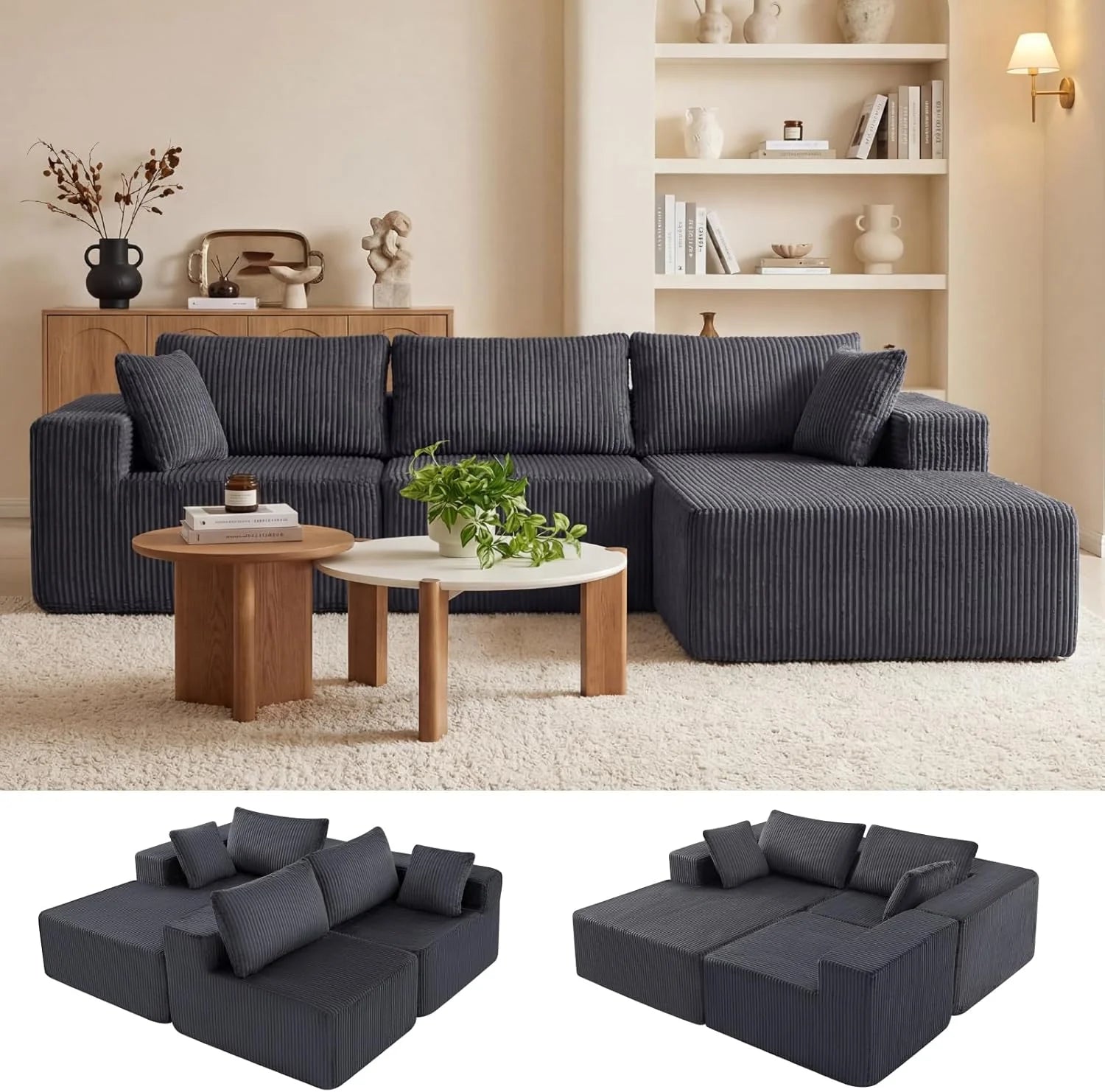 DUMOS 108 Boneless Couch, Cloud Sectional Couch with L-Shape Chaise, Modular Sectional Sofa with Deep Seat, Upholstered Couch for Living Room Bedroom, No Assembly Required (Beige, Left Facing Chaise)