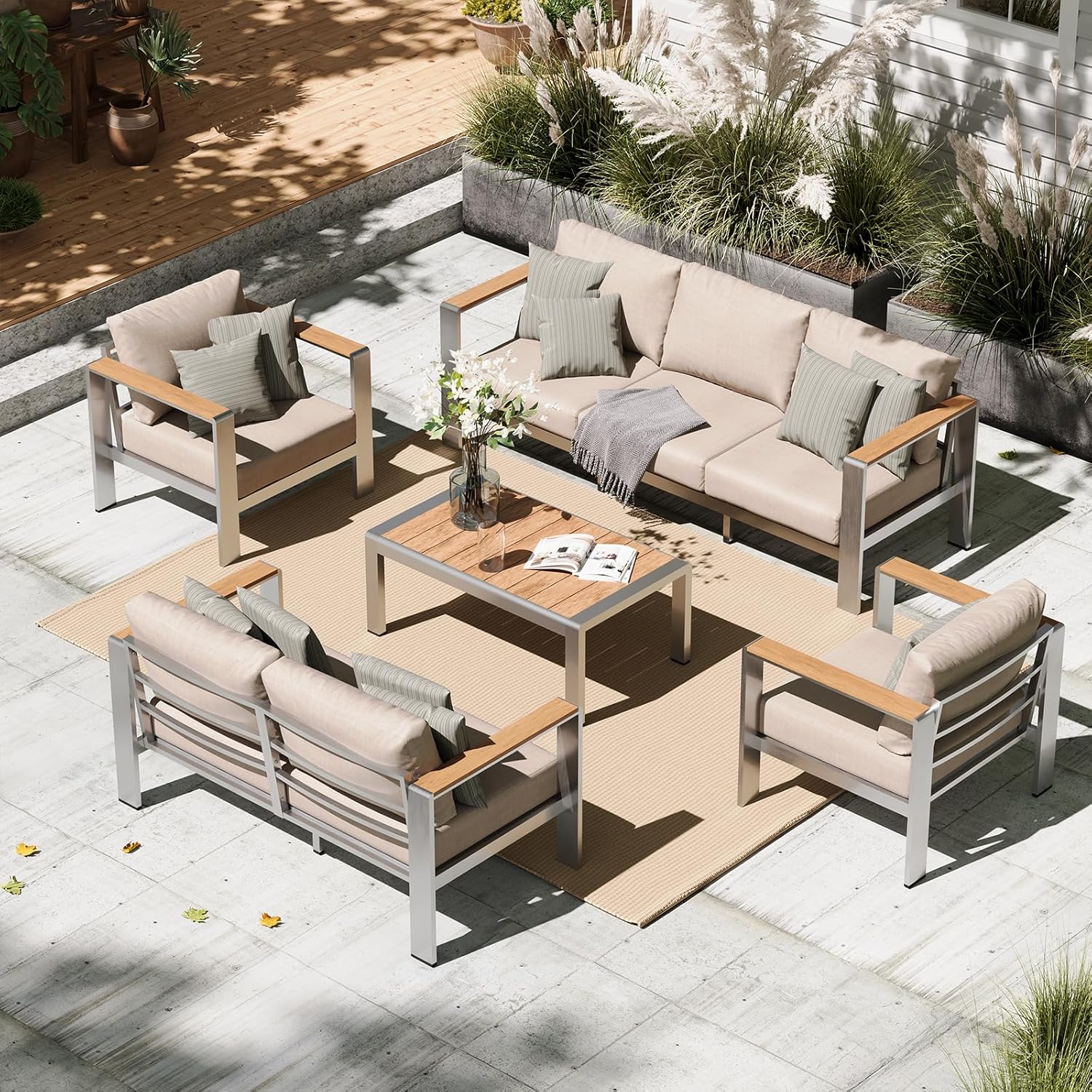 Aluminum Outdoor Patio Furniture Set with Coffee Table, 4 Piece Patio Conversation Sets with Washable Thick Cushions