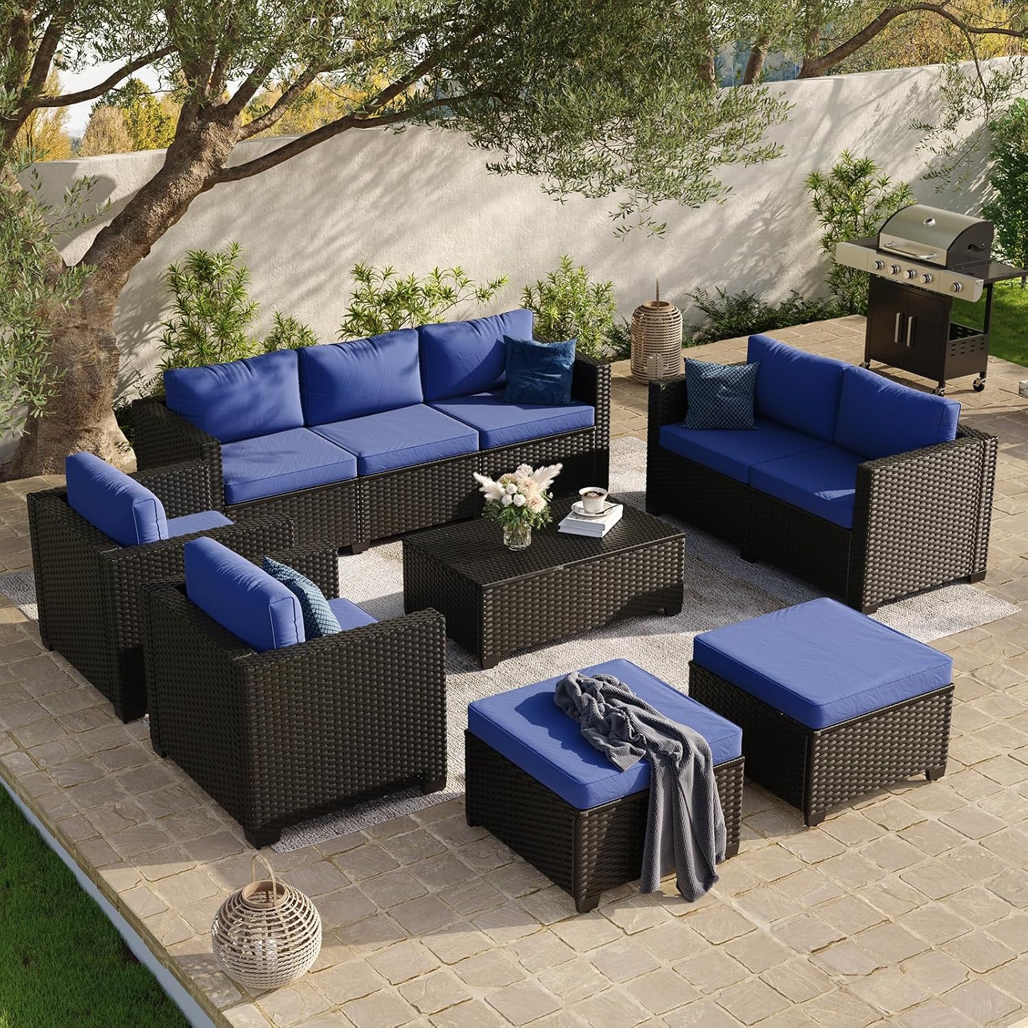 Aoxun 8 Piece Outdoor Patio Furniture Set 7 Seats, Outdoor Sectional with Thick Waterproof Cushions & Storage Coffee Table, Patio Conversation Sets for Garden,Backyard, Porch, Balcony, Deck, Beige