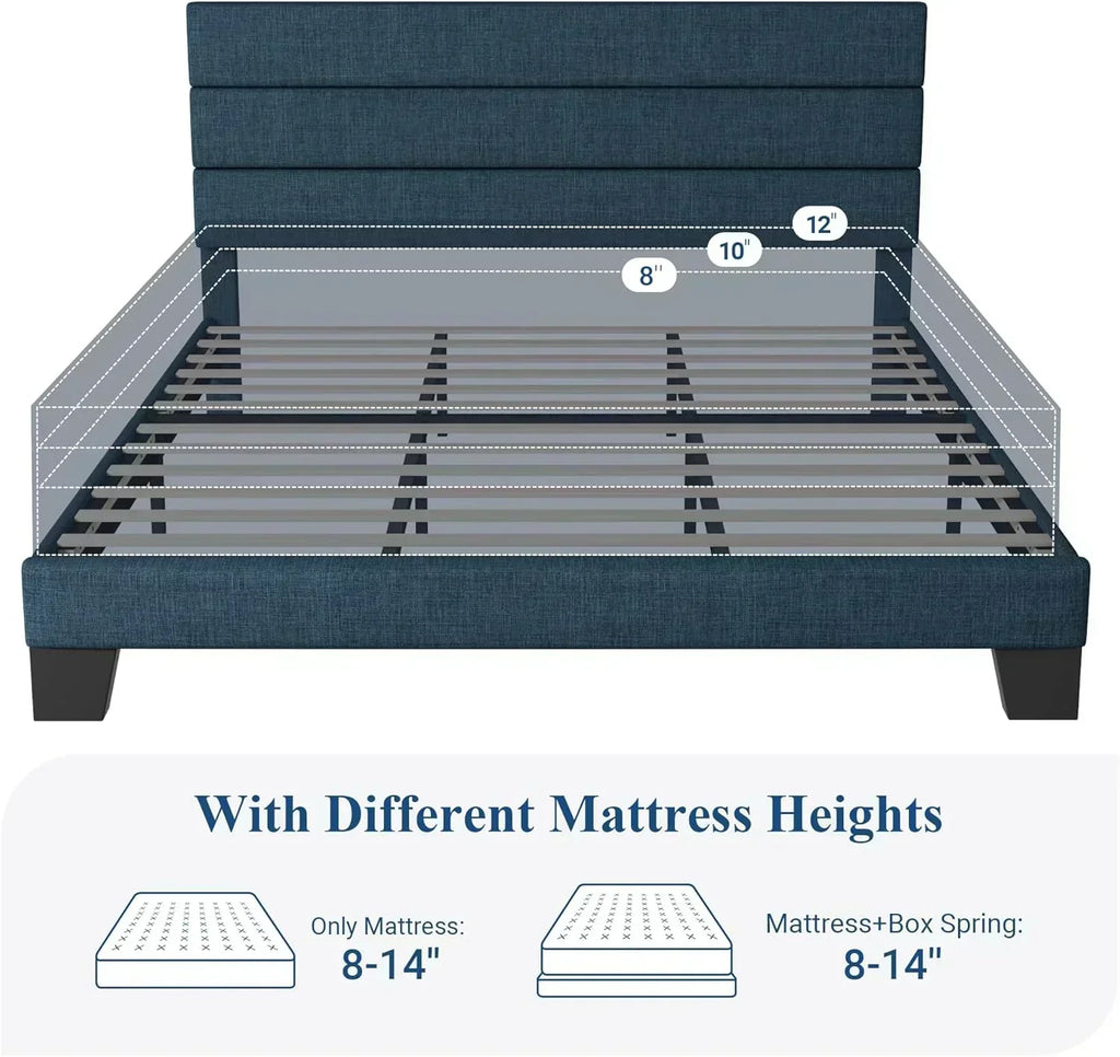 Allewie Queen Size Platform Bed Frame with Fabric Upholstered Headboard Wooden Slats Support