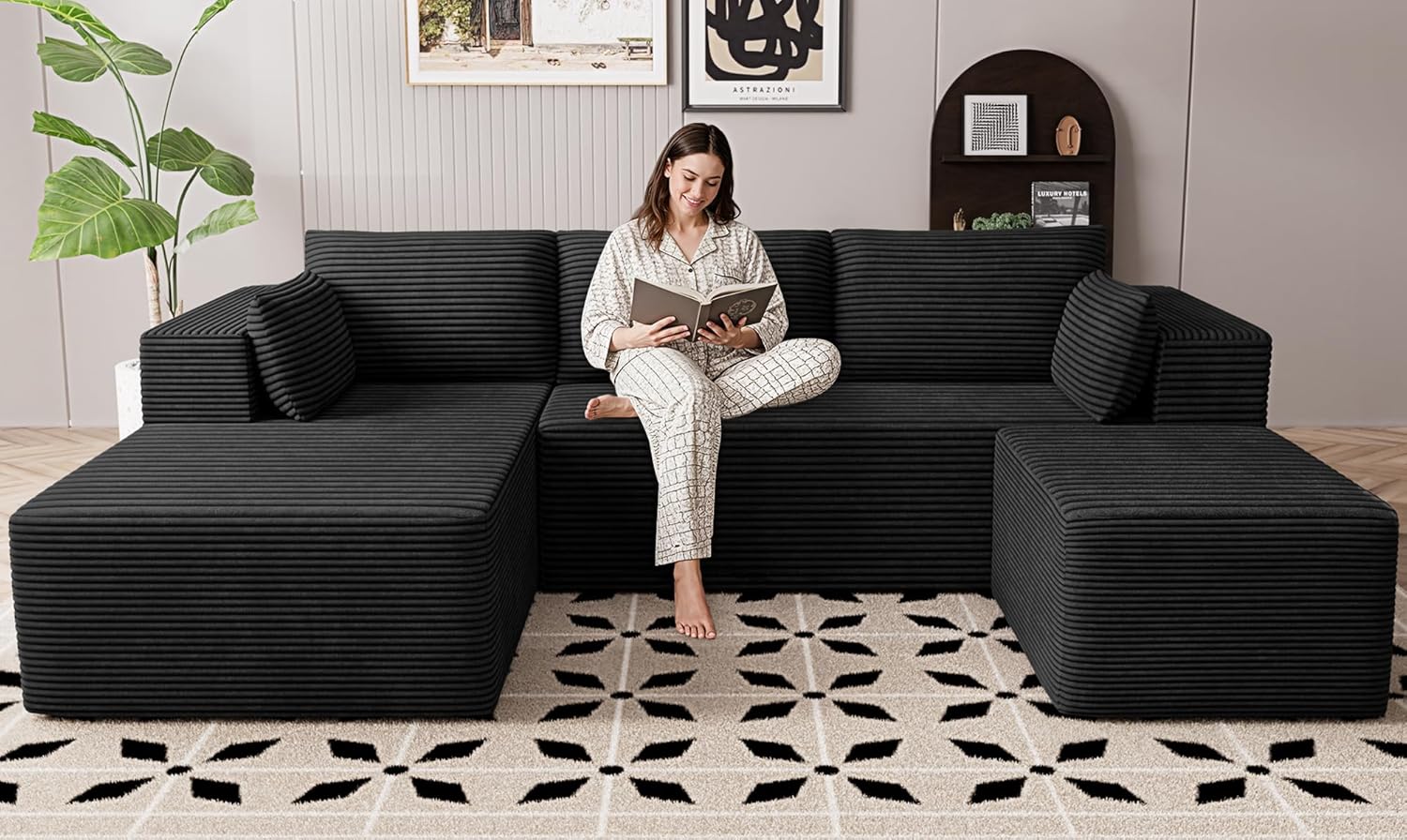 Cloud Sectional Boneless Couches for Living Room, Modular L Shaped Couch with Deep Seat Oversized Right Facing Chaise, Memory Foam Compressed Spineless 3 Seater Sofa for Apartment, Black | No Assembly Required, Deep Seat, Cat-Claw Resistant, High-Res