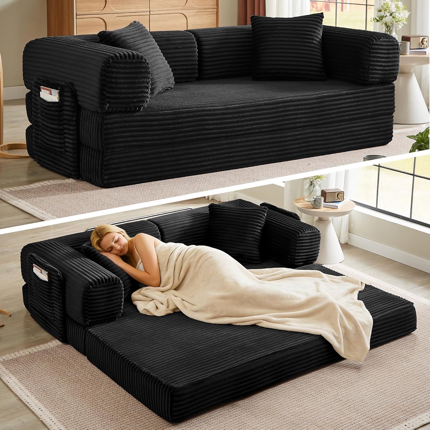 Boneless Couch Folding Couches for Living Room Sofa, Futon Sofa Bed with Sleeper Sofa, Futon Couch with Fixed-Shape Oversized Corduroy Upholstered (White, 81 Inches)