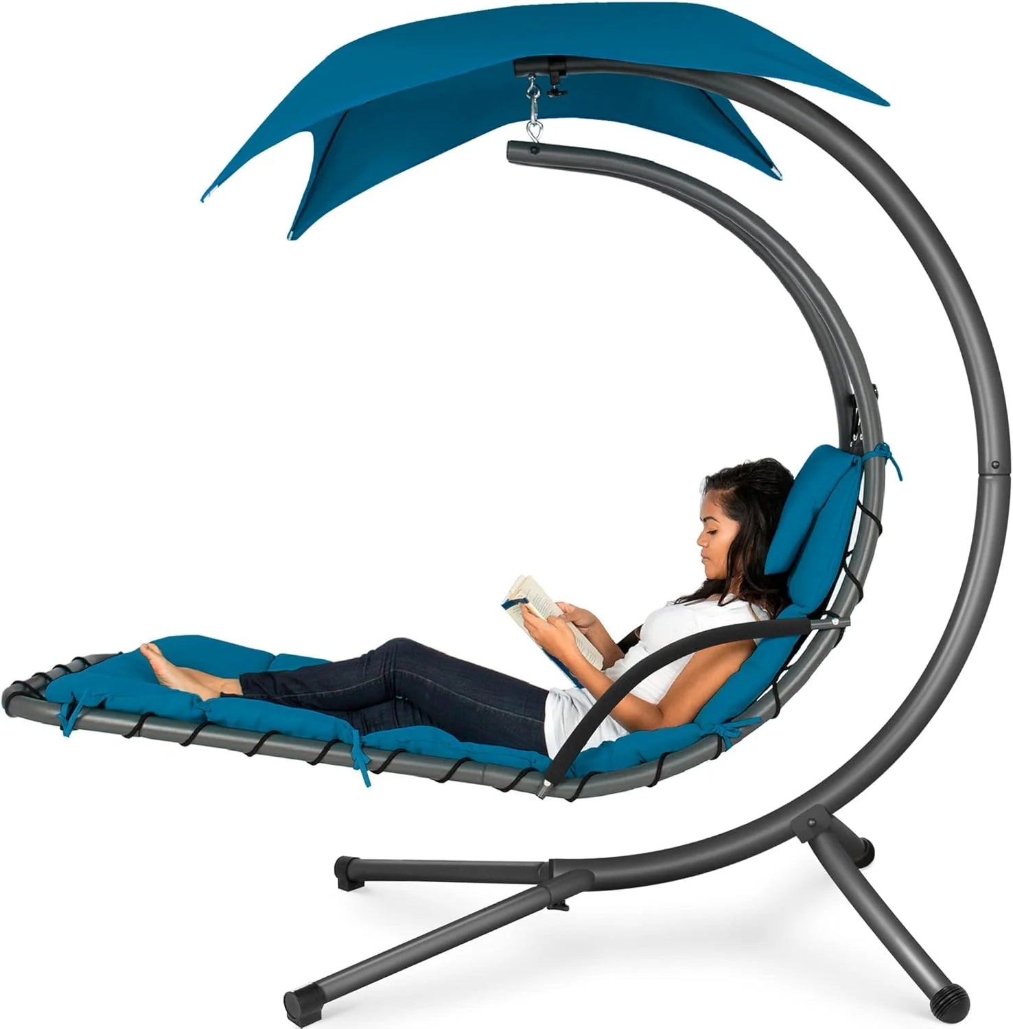 Best Choice Products Outdoor Hanging Curved Steel Chaise Lounge Chair Swing w/Built-in Pillow and Removable Canopy - Charcoal Gray